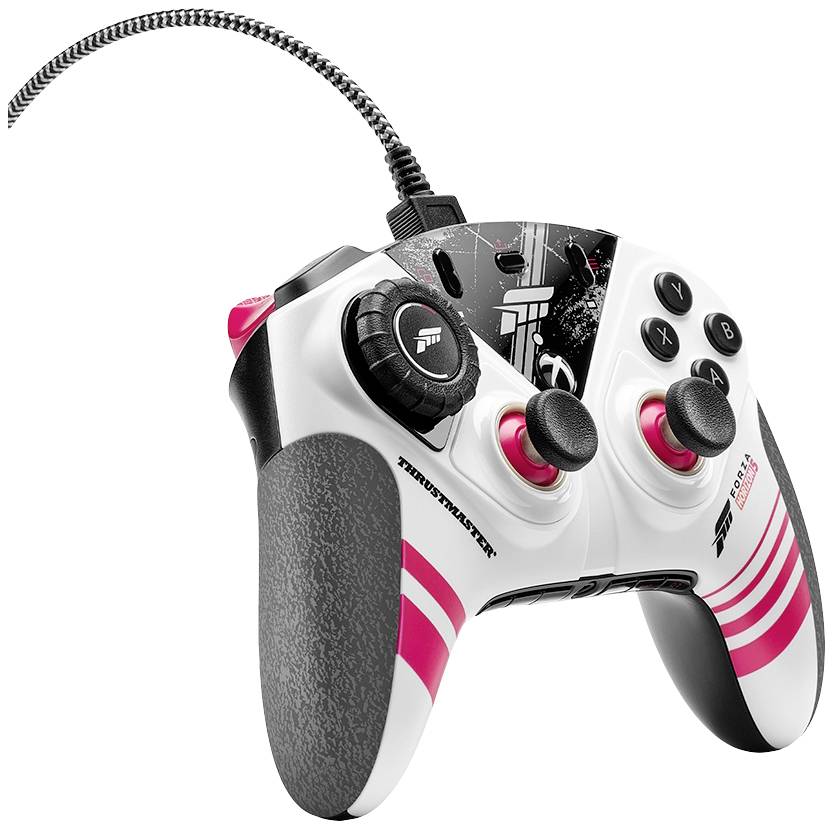 Ein weißer Game-Controller mit schwarzem Griff und rosa Akzenten. Der Controller hat mehrere Tasten und ist über ein Kabel verbunden.