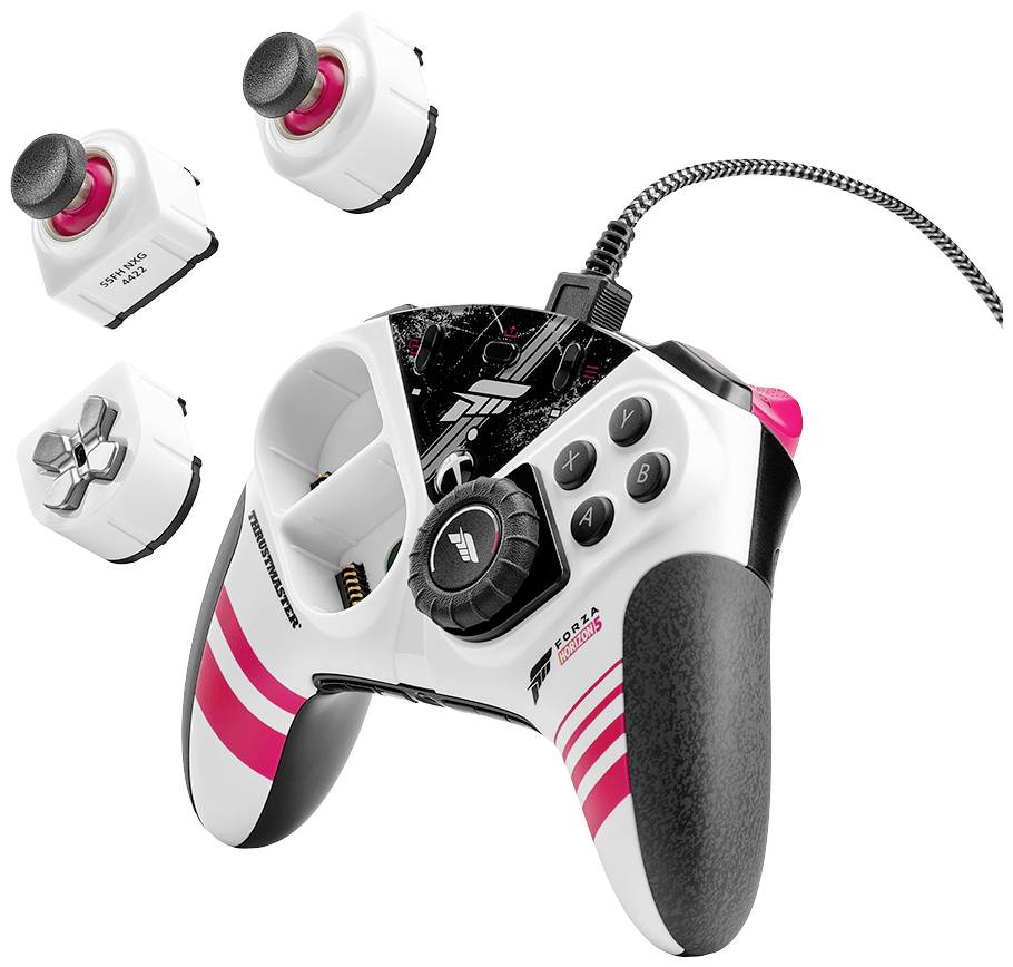 Ein weißer, verkabelter Gaming-Controller mit pinken Streifen und mehreren austauschbaren Tastenmodulen für personalisierte Steuerung.