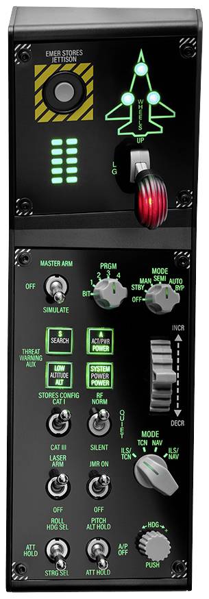 Ein schwarzes Bedienfeld mit leuchtenden grünen und roten Schaltern und Hebeln, das für Flugzeugsysteme gedacht ist. Enthält Anzeigen und Beschriftungen zur Steuerung und Anzeige von Flugbetriebsmodi.