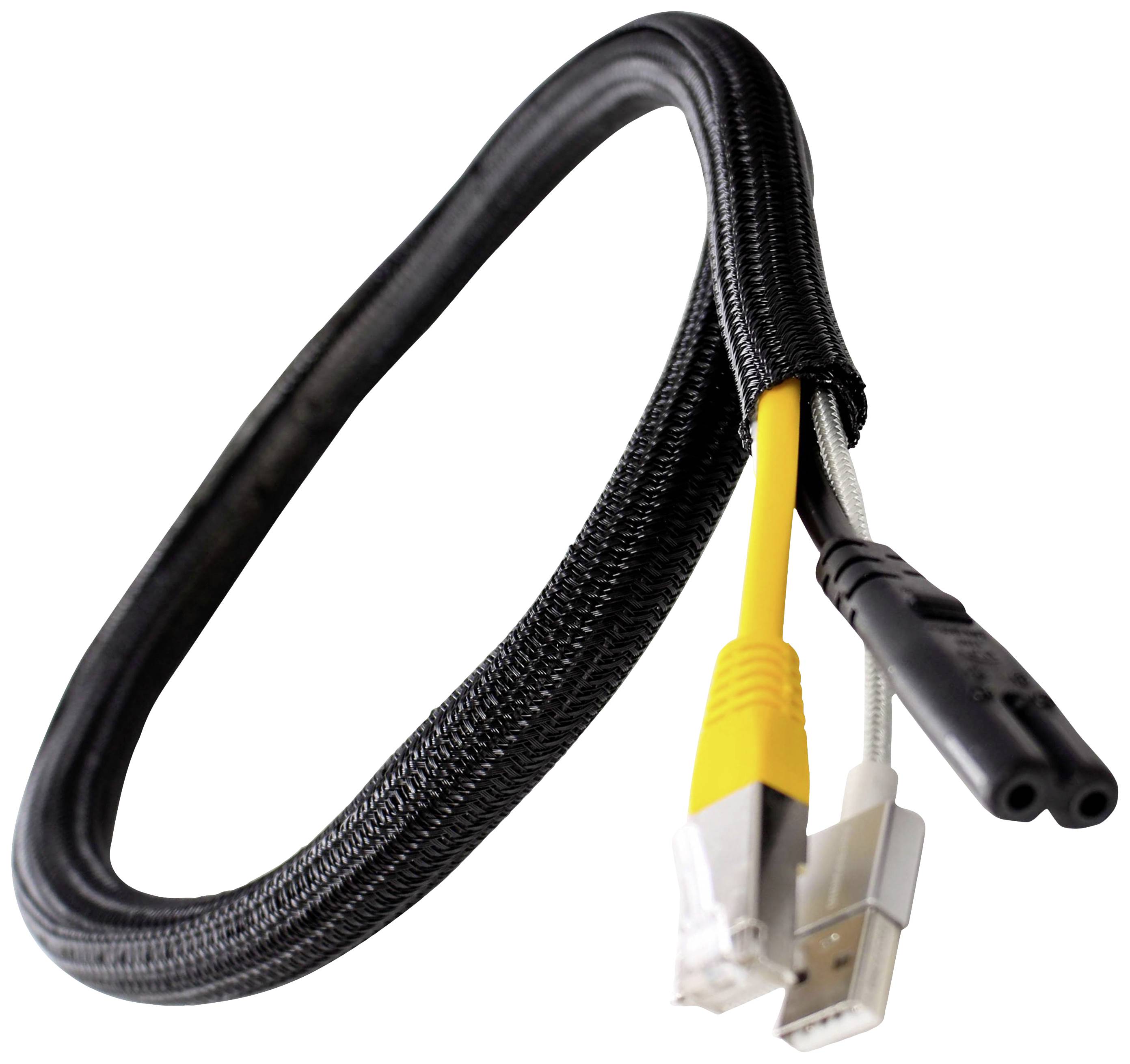 Ein schwarzer Kabelschlauch umhüllt mehrere Kabel, darunter ein gelbes Ethernet-Kabel, ein weißes USB-Kabel und ein schwarzes Kabel.