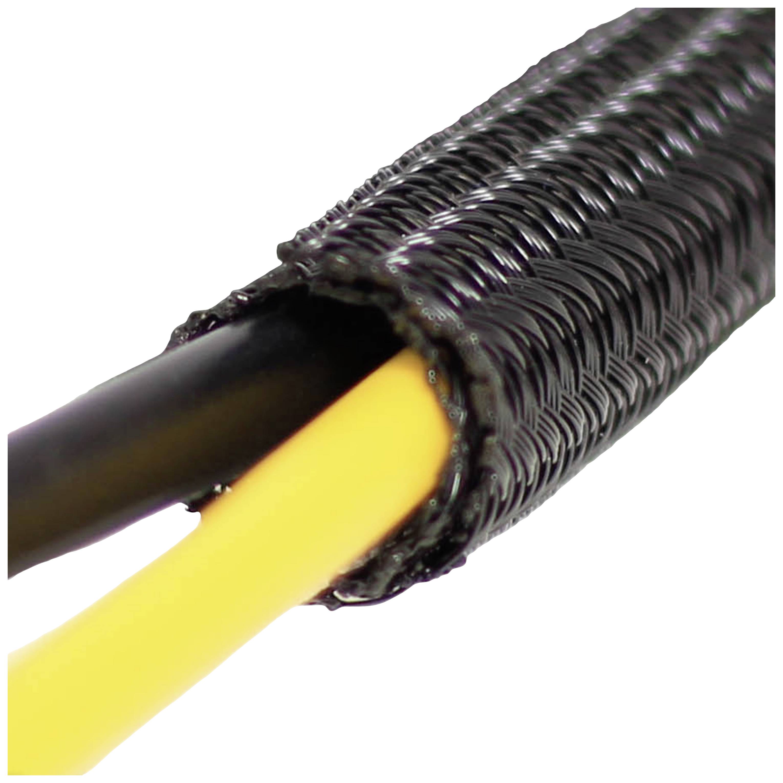 Schwarzer Kabelschutzschlauch, der ein gelbes und ein schwarzes Kabel umhüllt.