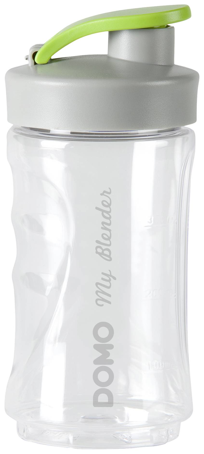 Transparente, wiederverwendbare Trinkflasche mit grauem Deckel und grünem Tragegriff, beschriftet mit 'DOMO My Blender'.