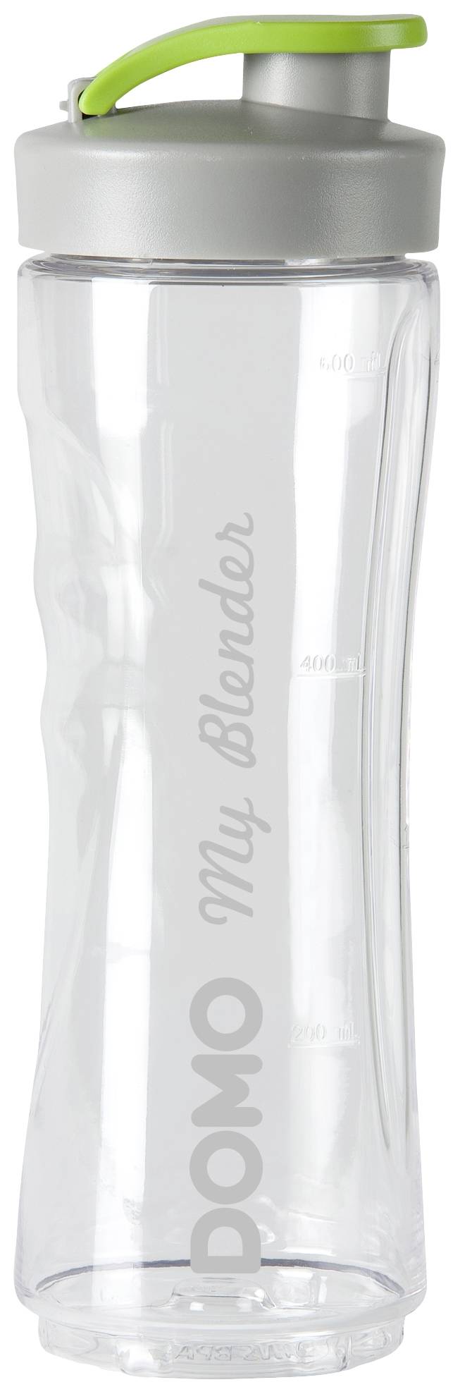 Durchsichtige Trinkflasche mit grünem Verschluss und dem Aufdruck 'DOMO My Blender'.