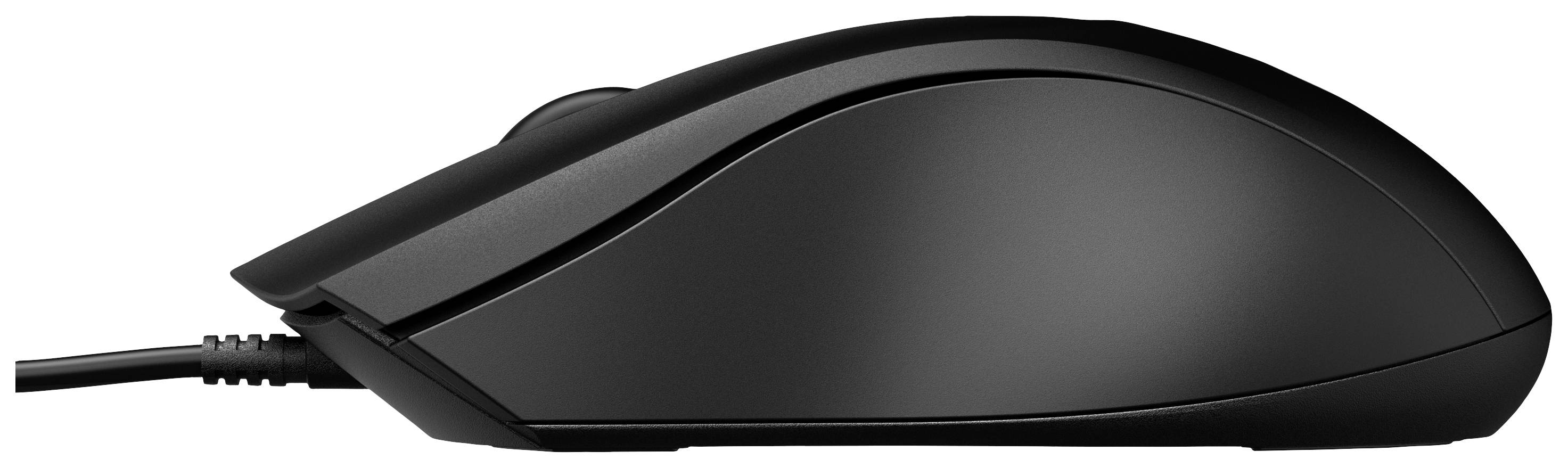 Schwarze Computermaus mit Kabel, seitlich gezeigt. Simplistisches Design ohne sichtbare Tasten oder Logos.