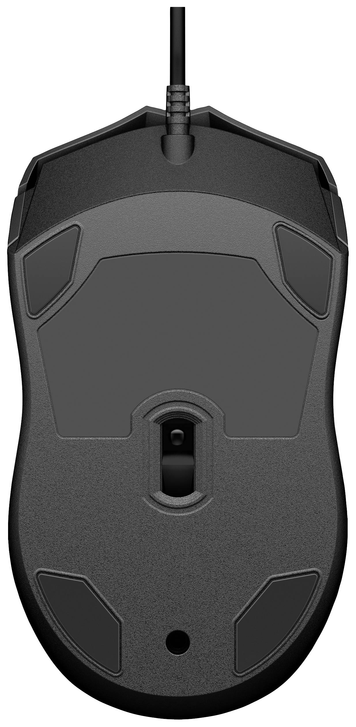 Eine schwarze Computermaus mit Kabel, Ansicht von unten. Sichtbar sind die Tastenbereiche und der optische Sensor.