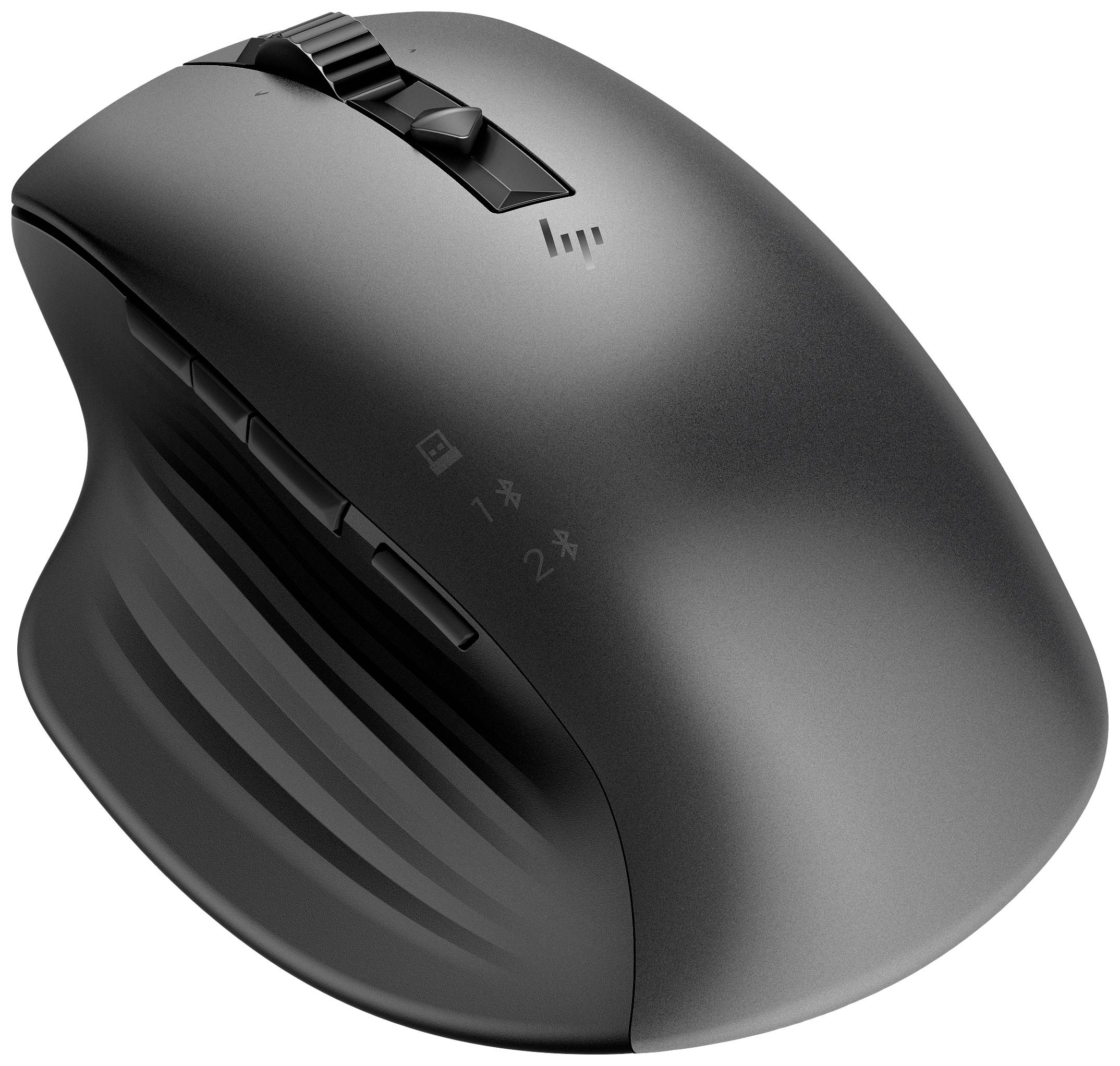 Drahtlose ergonomische Computermaus mit seitlichen Daumentasten, schwarzem Gehäuse und Scrollrad, geeignet für komfortable Nutzung.