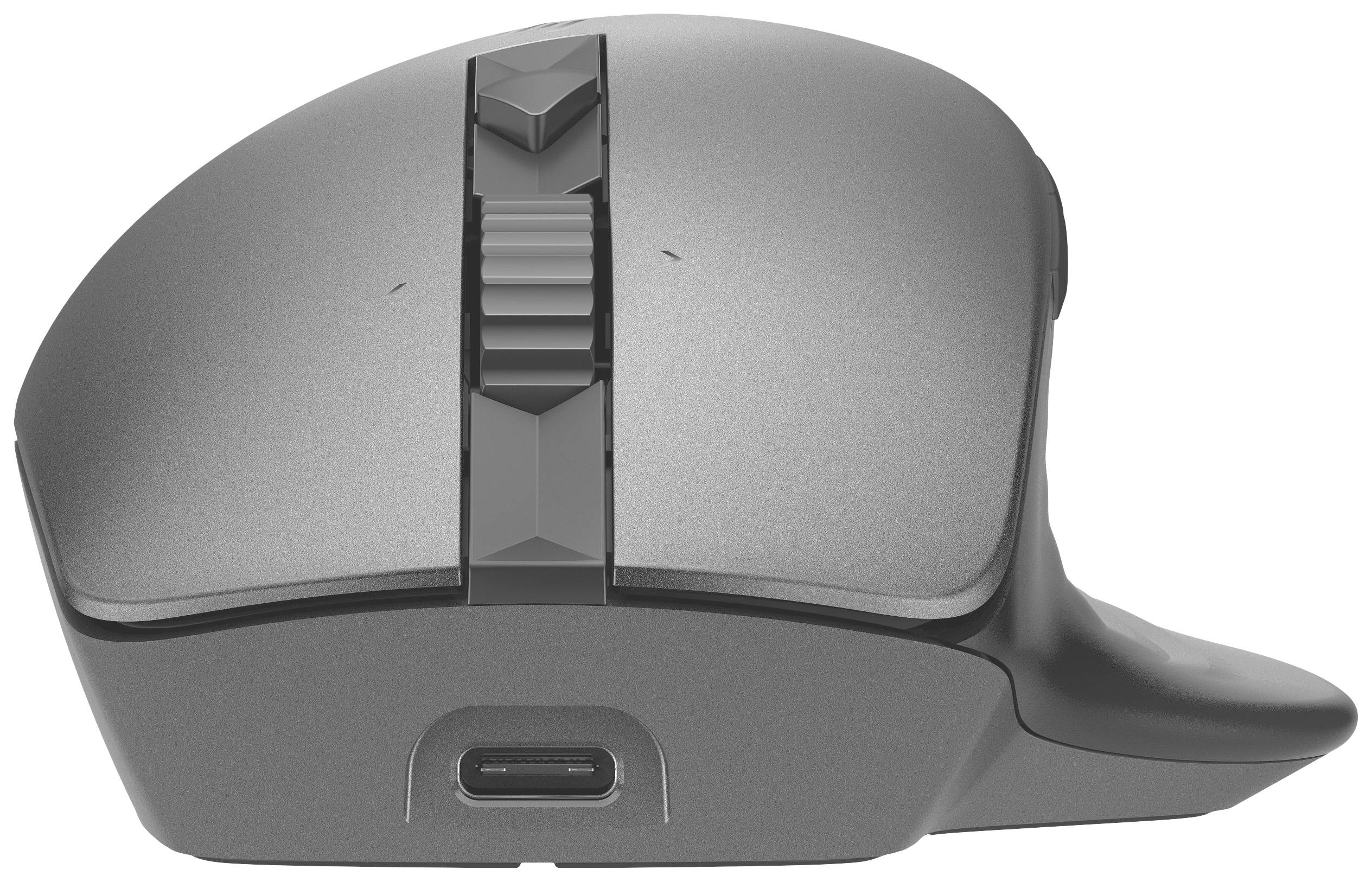 Ergonomische, kabellose Computermaus mit grauer Oberfläche, USB-C-Anschluss an der Vorderseite und einem präzisen Scrollrad in der Mitte.