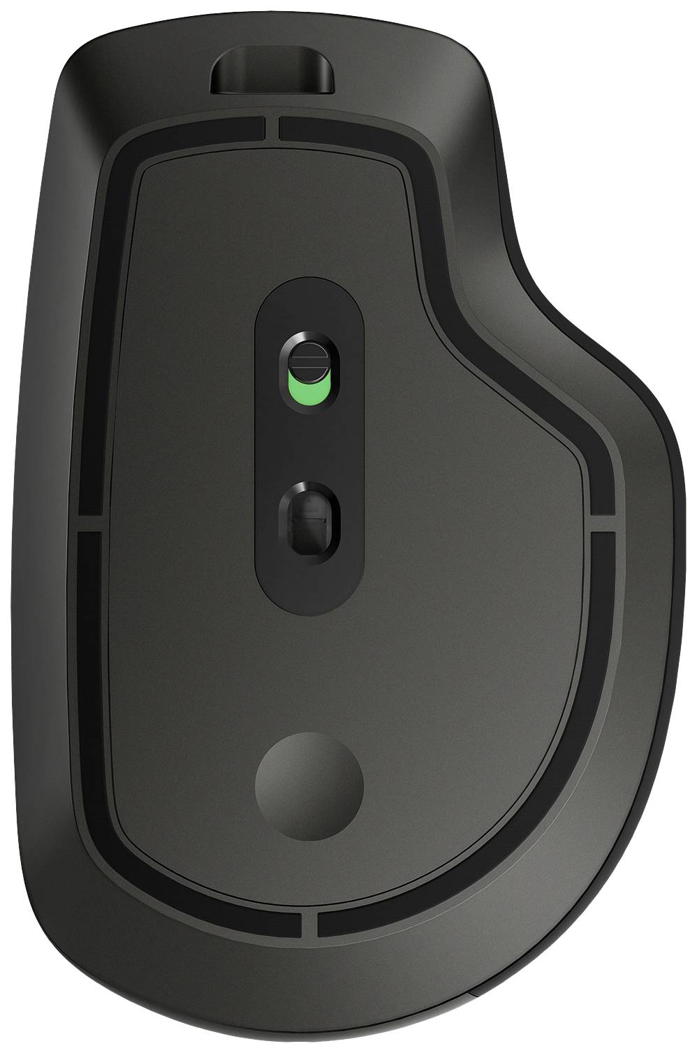 'Draufsicht auf die Unterseite einer kabellosen Computermaus mit sichtbarem Lasersensor und Ein-/Ausschalter.'