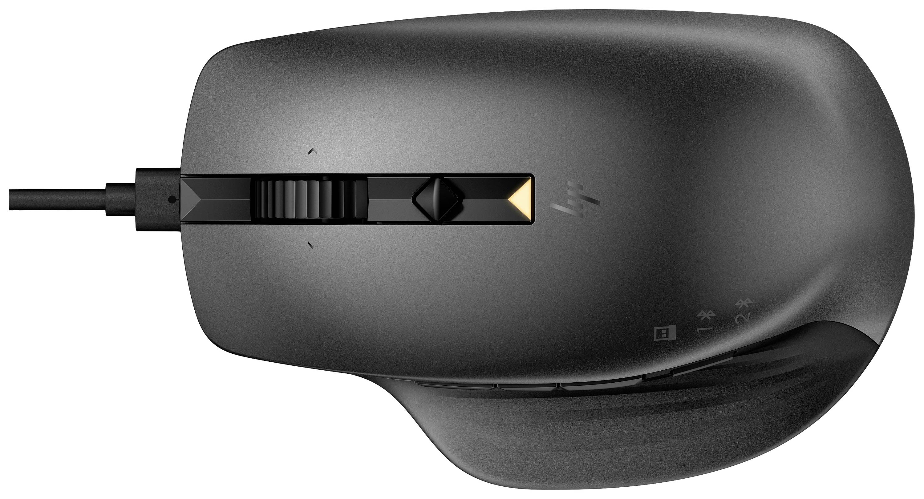 Schwarze ergonomische kabelgebundene Computermaus mit Scrollrad und mehreren Tasten.