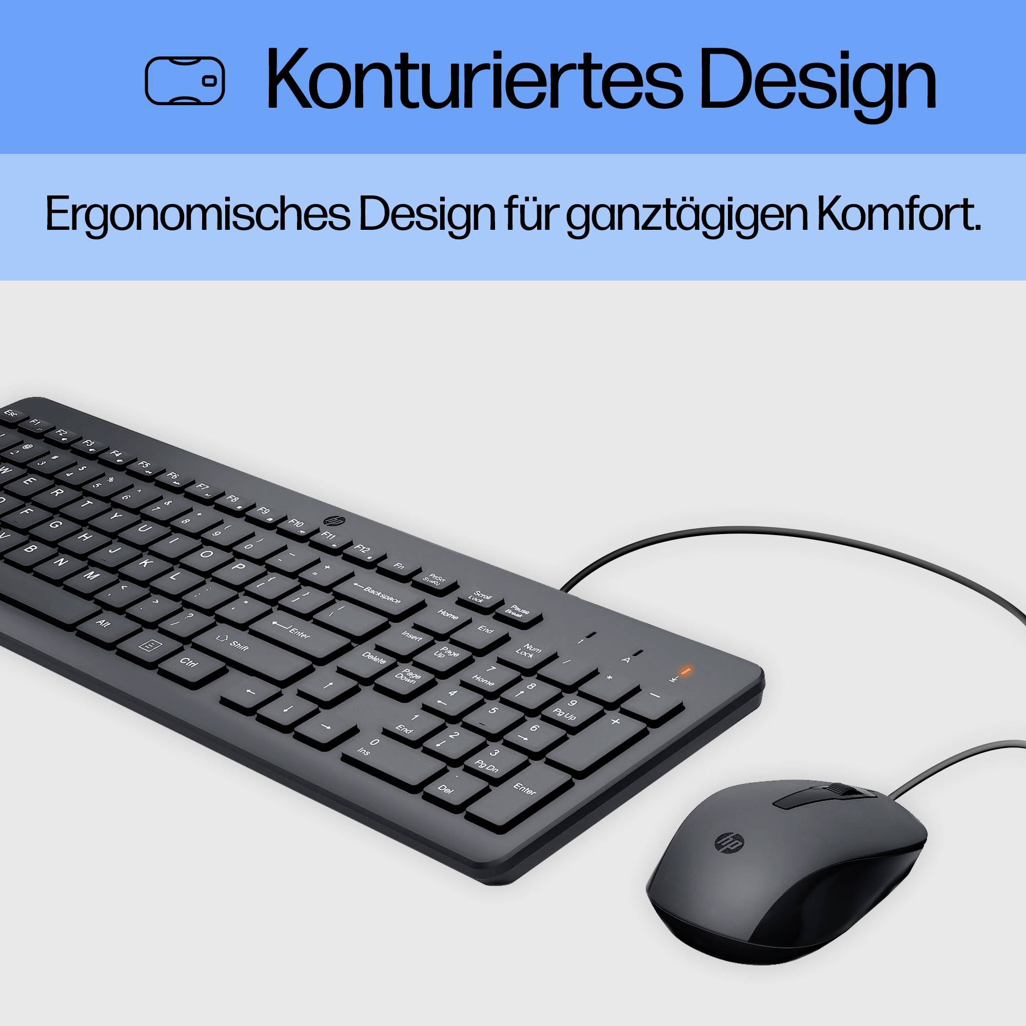 Eine schwarze Tastatur und Maus auf grauem Hintergrund. Oben steht 'Konturiertes Design'. Darunter 'Ergonomisches Design für ganztägigen Komfort'.