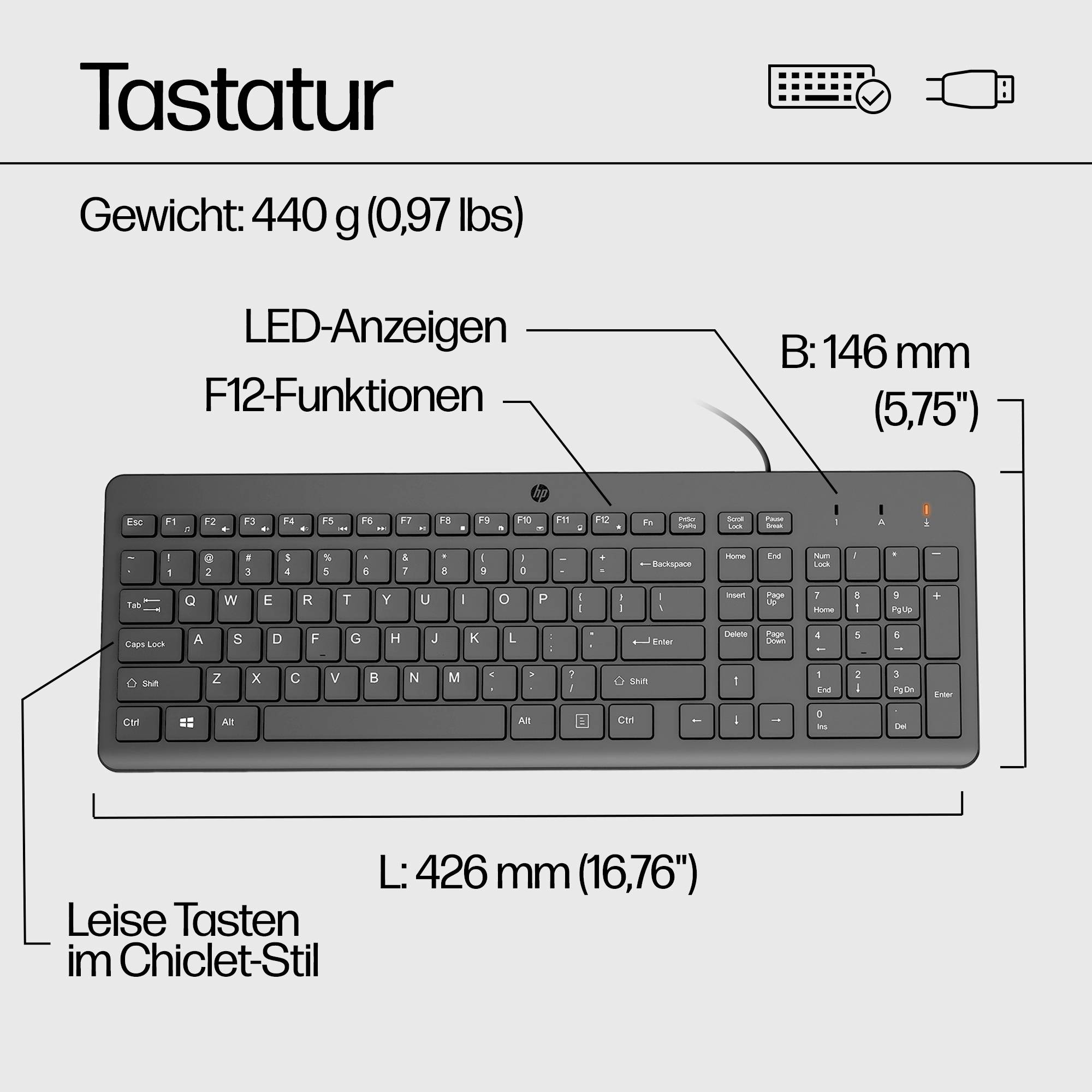 Tastatur mit LED-Anzeigen und F12-Funktionen, leise Tasten im Chiclet-Stil. Maße: 426 mm Länge, 146 mm Breite. Gewicht: 440 g.