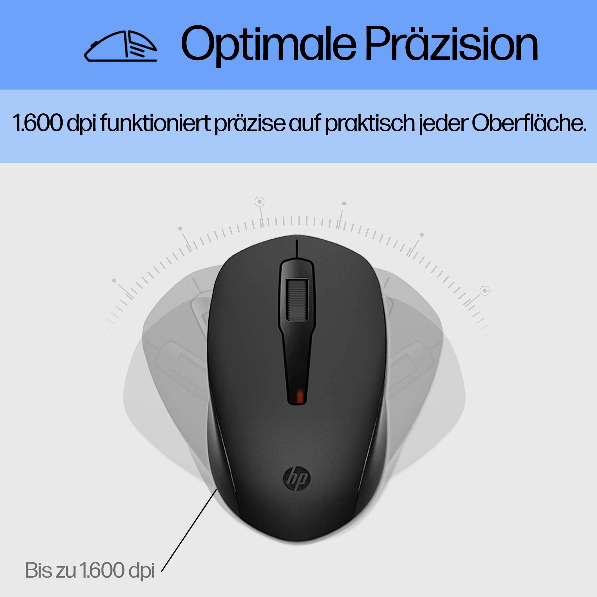 Eine schwarze PC-Maus mit 1.600 dpi für präzises Arbeiten auf fast jeder Oberfläche. Text: 'Optmale Präzision', 'Bis zu 1.600 dpi'.