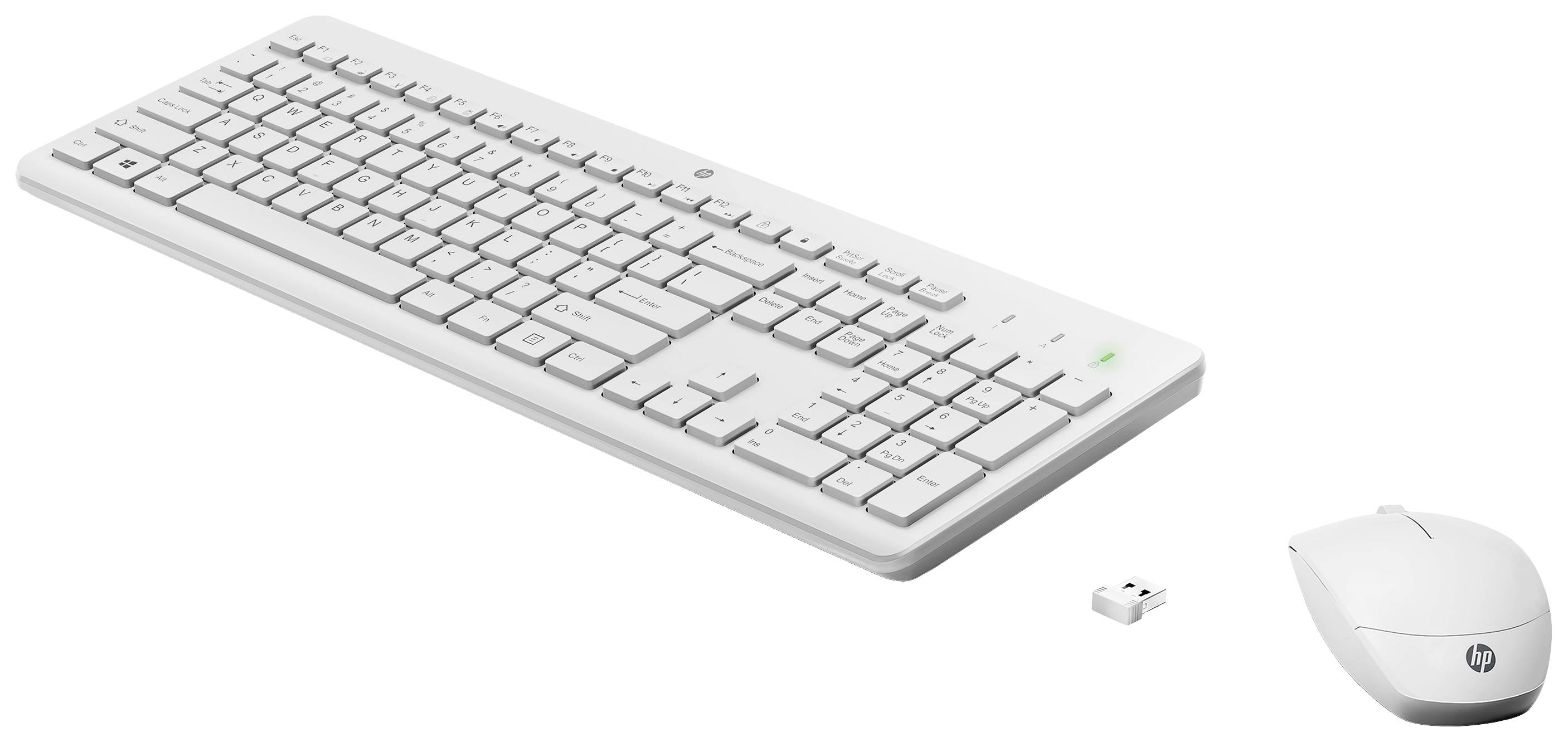 Kabellose, weiße Tastatur und Maus mit USB-Empfänger. Ideal für Büroarbeiten.