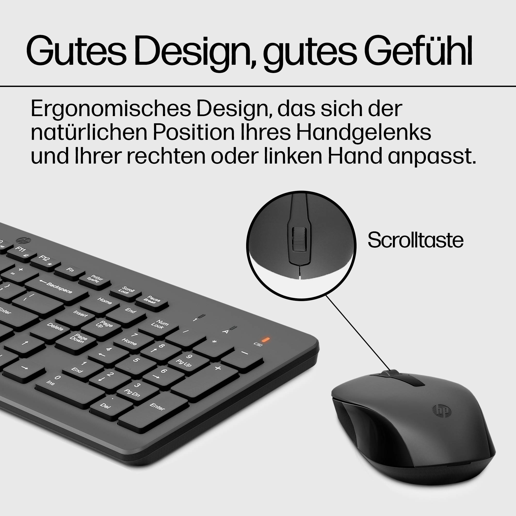 Tastatur und Maus mit ergonomischem Design. Text sagt 'Gutes Design, gutes Gefühl'. Fokus auf Scrolltaste der Maus.