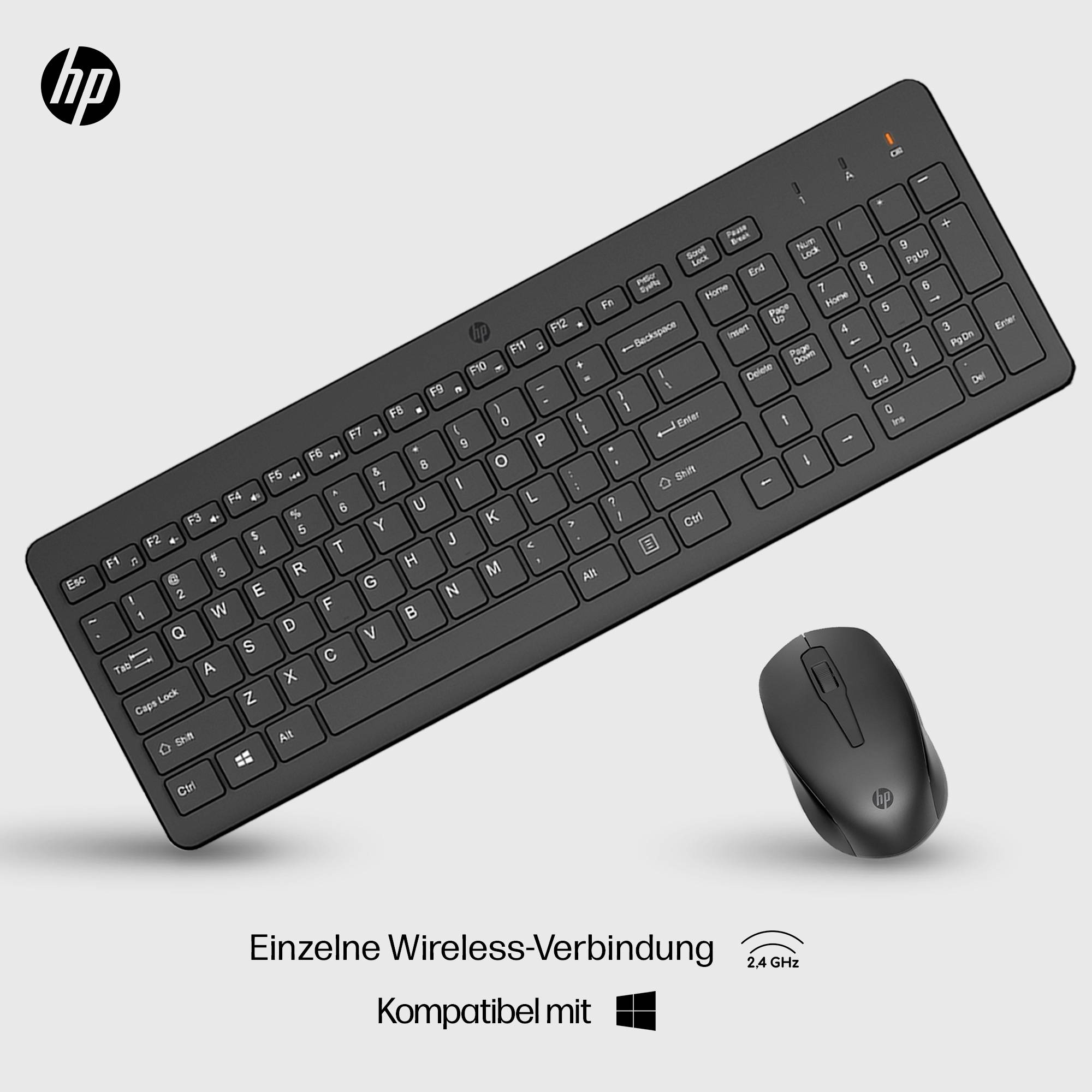 Kabellose schwarze Tastatur und Maus von HP, kompatibel mit Windows. Texte: 'Einzelne Wireless-Verbindung', 'Kompatibel mit', Symbol 2.4 GHz.