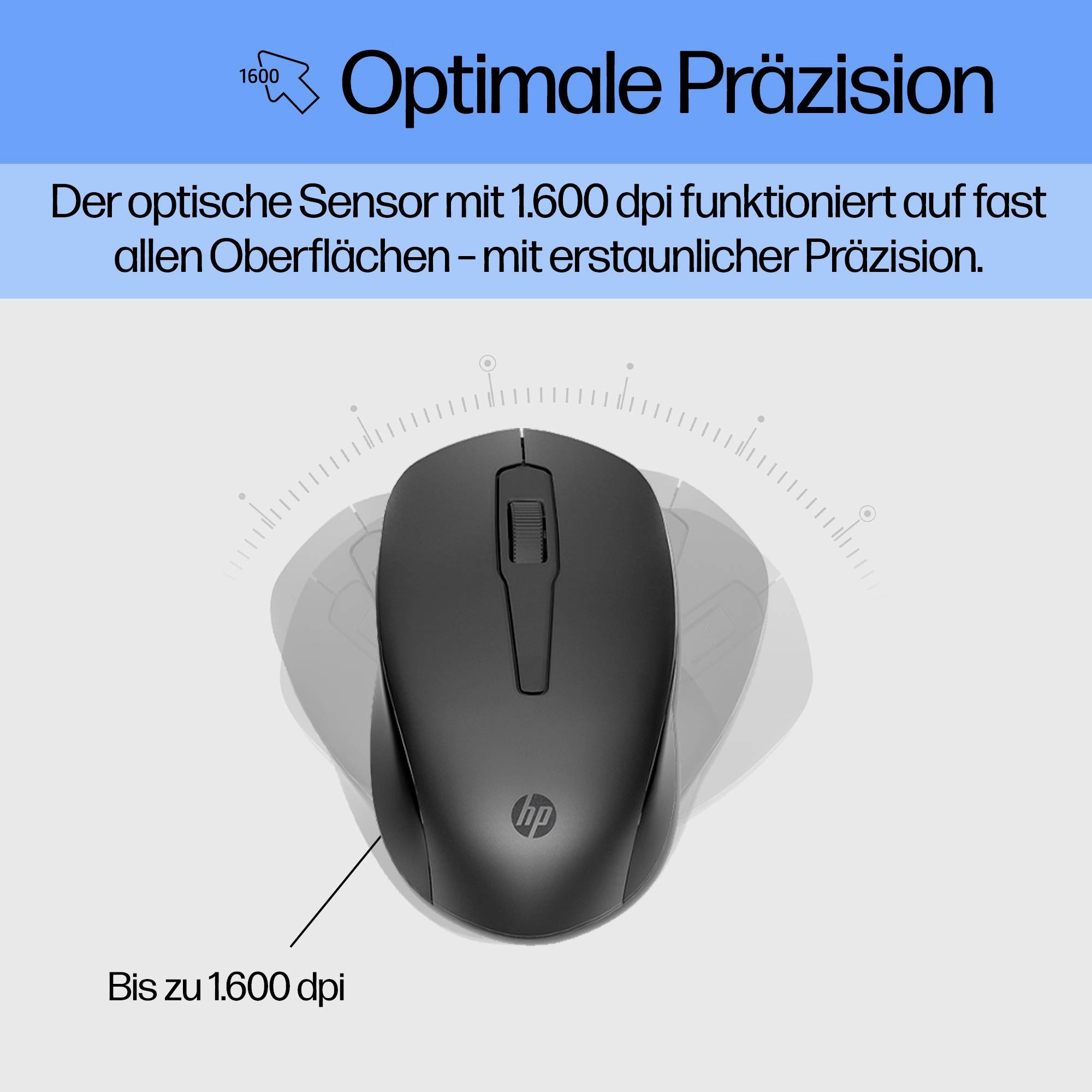 Eine schwarze drahtlose Computermaus mit einem optischen Sensor von 1.600 dpi, geeignet für fast alle Oberflächen.