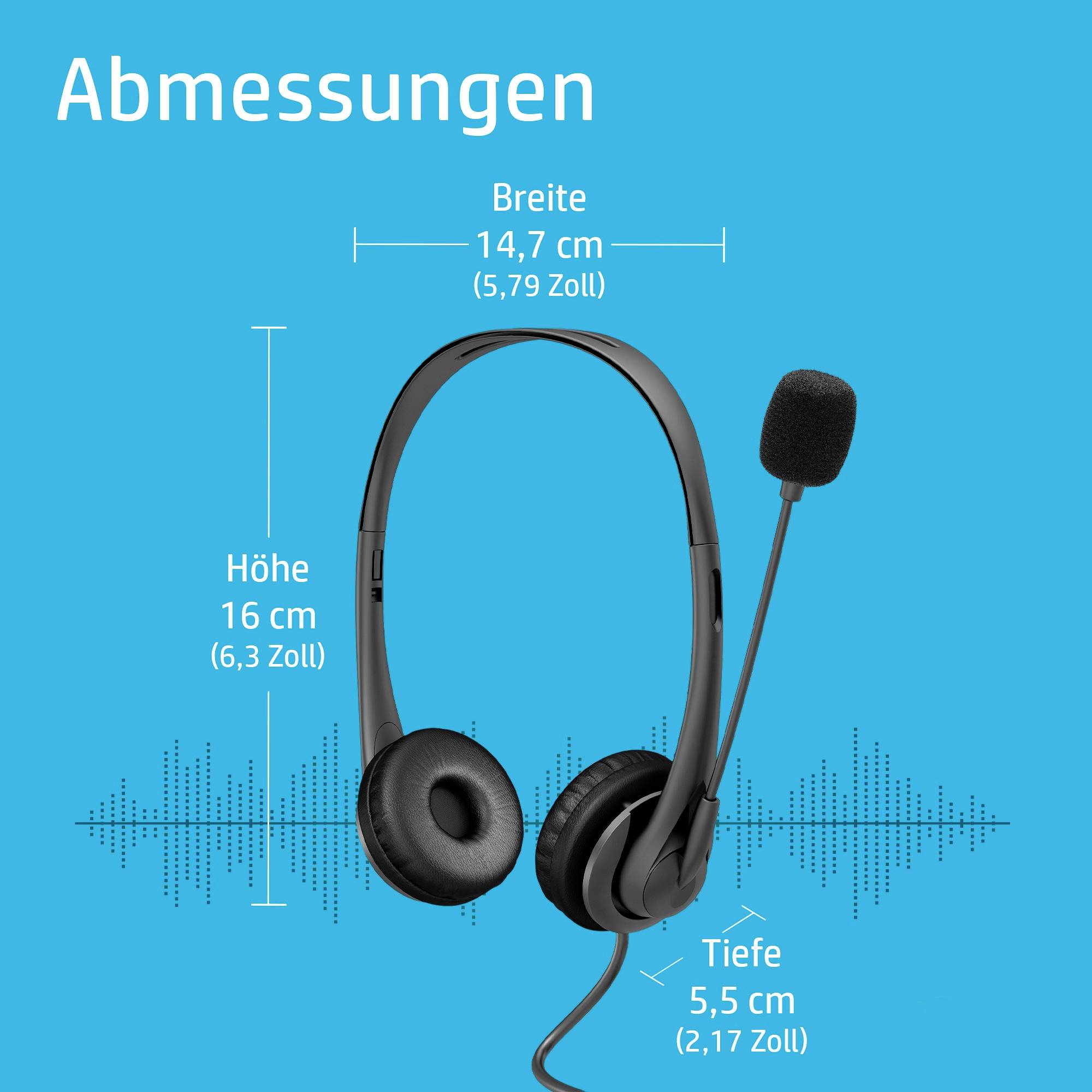 'Abmessungen eines Headsets: Breite 14,7 cm (5,79 Zoll), Höhe 16,3 cm (6,3 Zoll), Tiefe 5,5 cm (2,17 Zoll).'