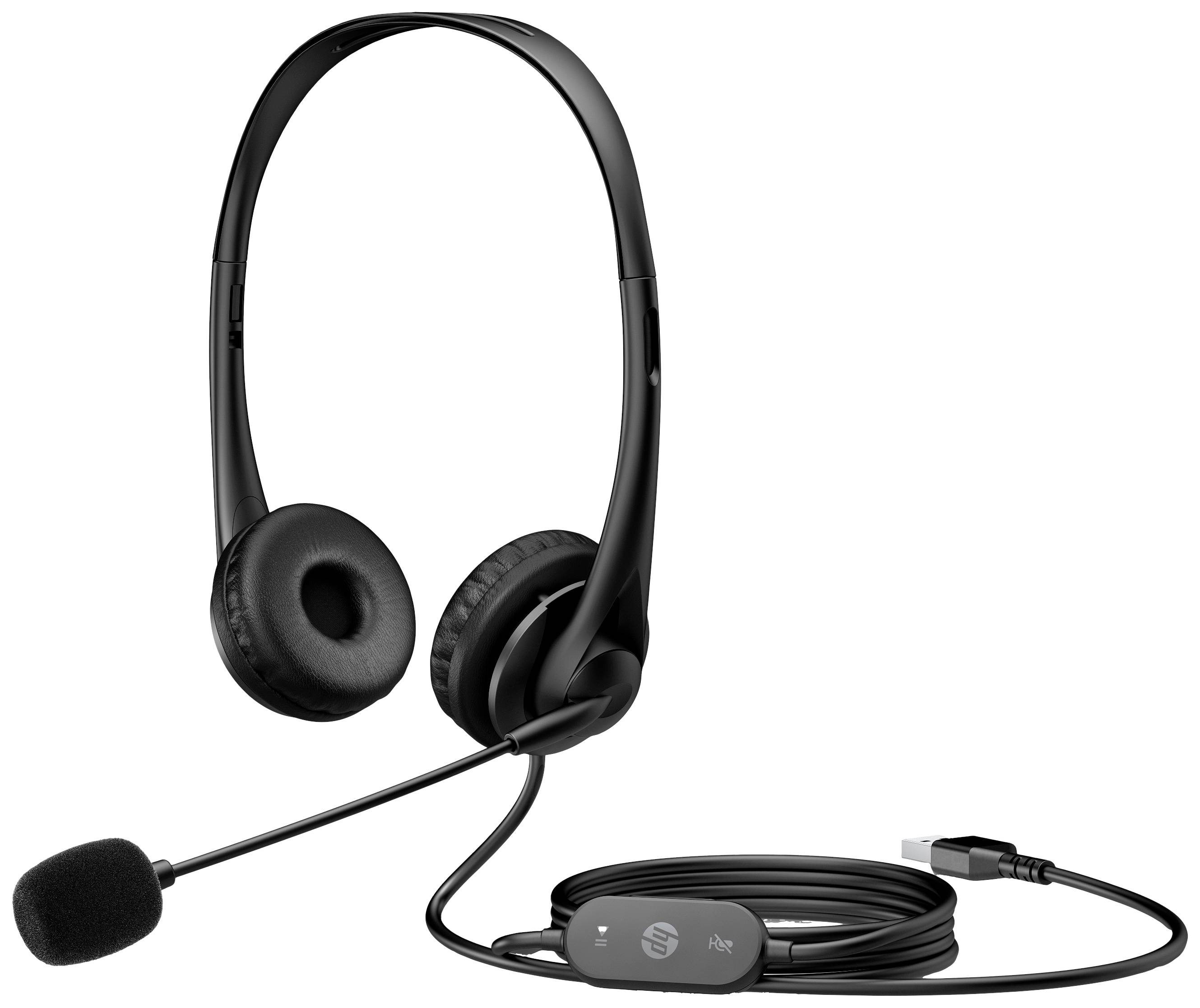 Ein schwarzes Headset mit Mikrofon und USB-Anschluss, geeignet für PC-Kommunikation, mit weichen Ohrpolstern für Komfort.