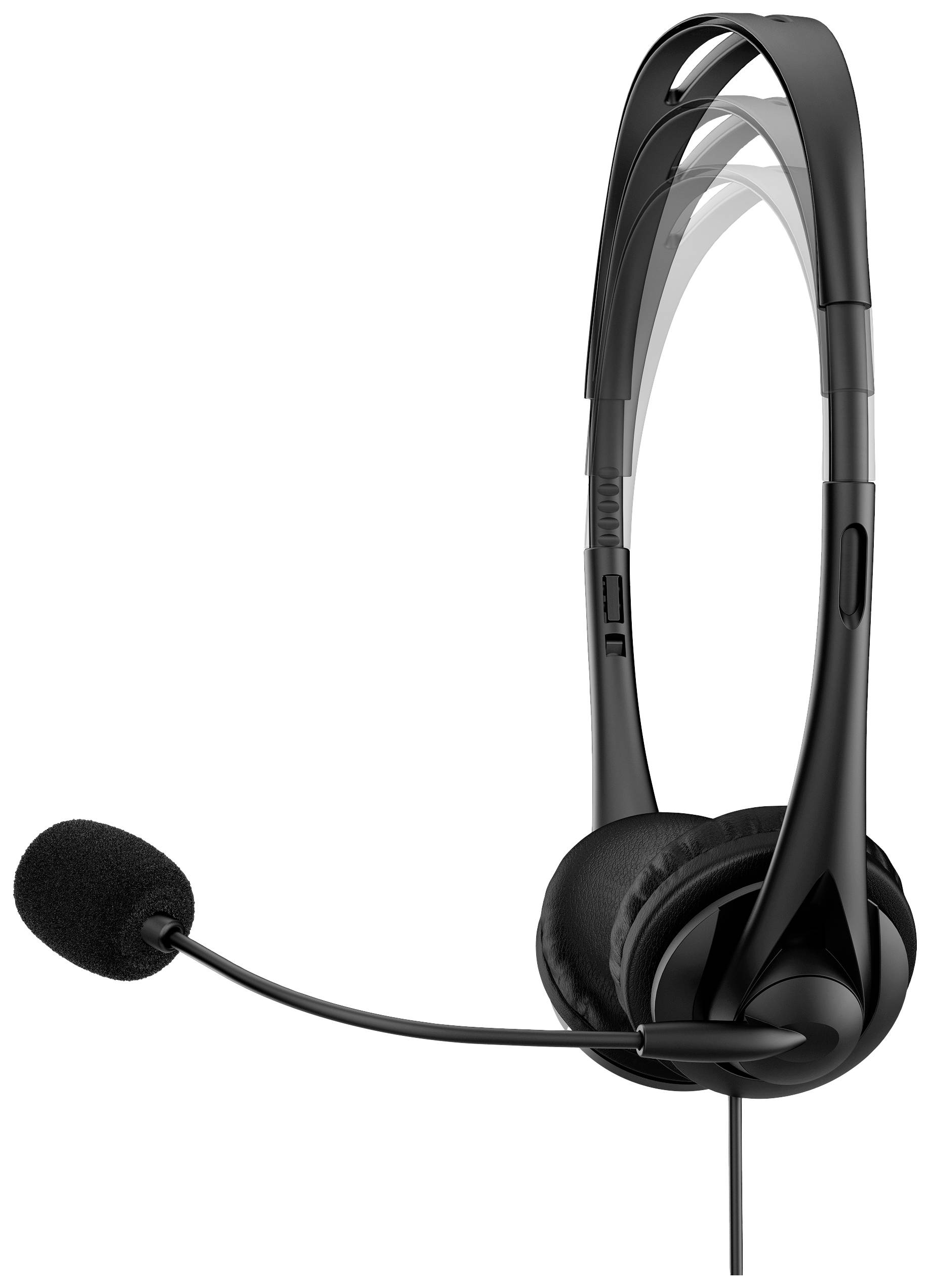 Schwarzes Headset mit Mikrofon, das an einem verstellbaren Bügel befestigt ist. Geeignet für Telefonie oder Computerspiele.