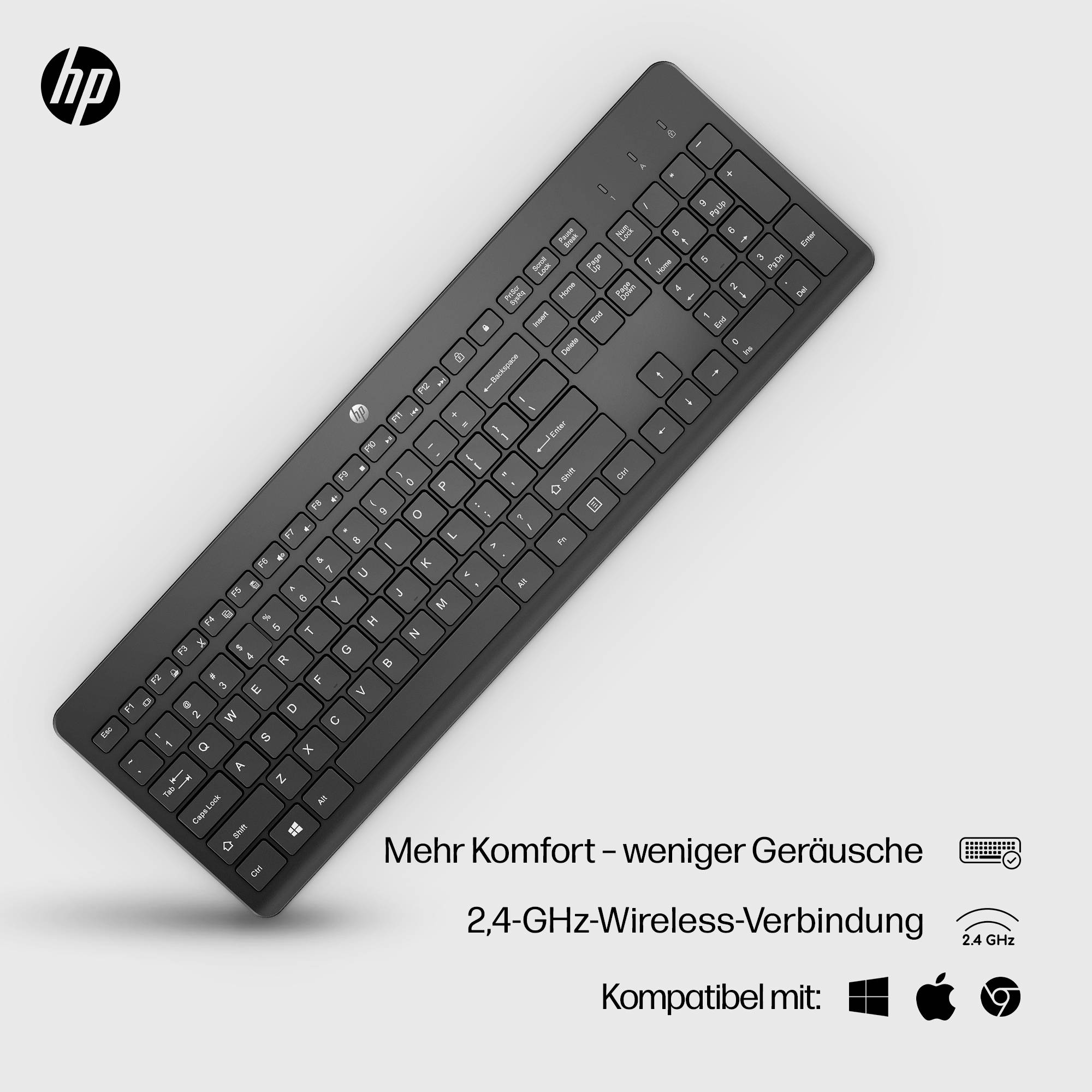 Draufsicht einer schwarzen HP-Tastatur. Text: 'Mehr Komfort - weniger Geräusche, 2,4-GHz-Wireless-Verbindung'. Symbole: kompatibel mit Windows, Mac, Android.