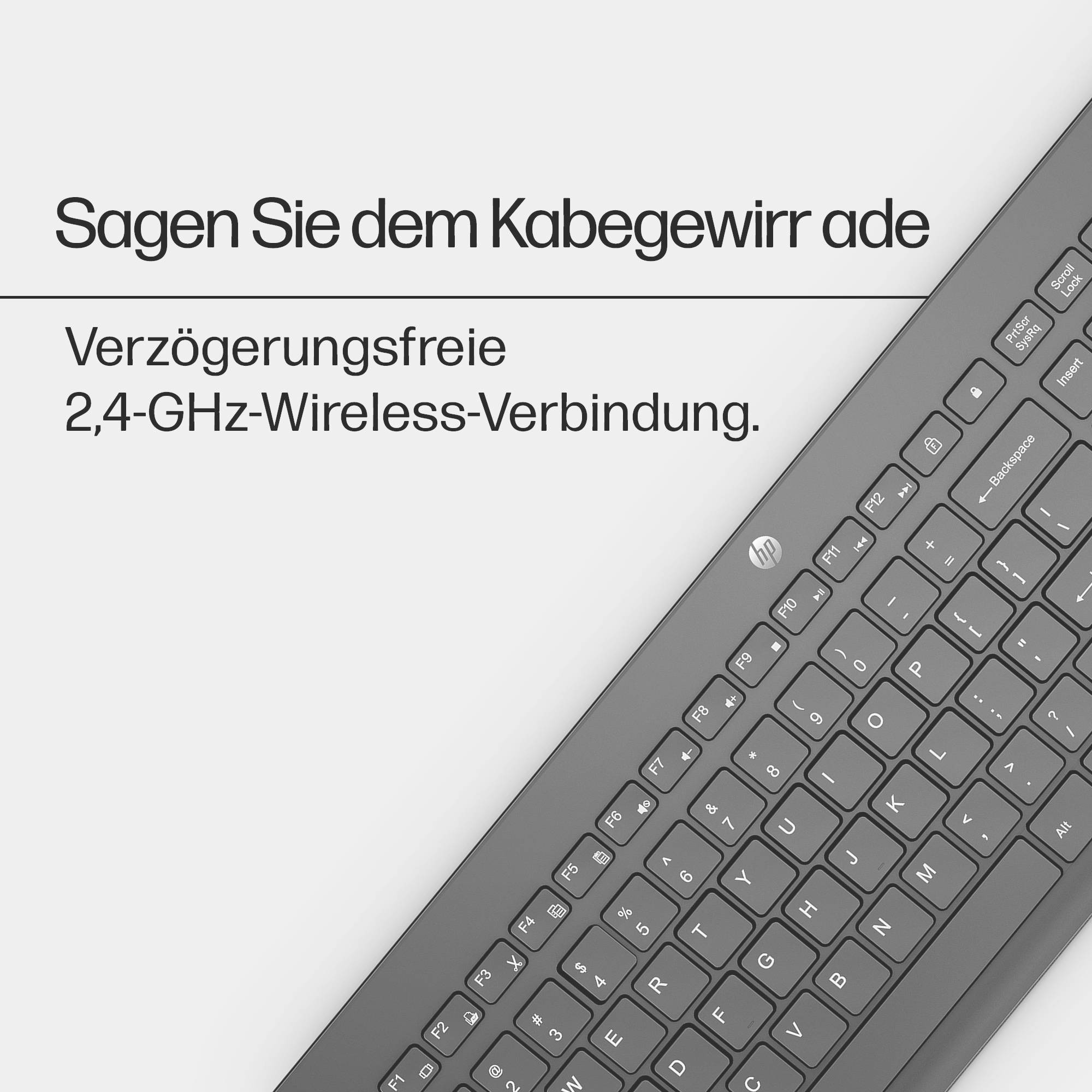 Eine schwarze Computertastatur mit Text 'Sagen Sie dem Kabelgewirr ade. Verzögerungsfreie 2,4-GHz-Wireless-Verbindung'.