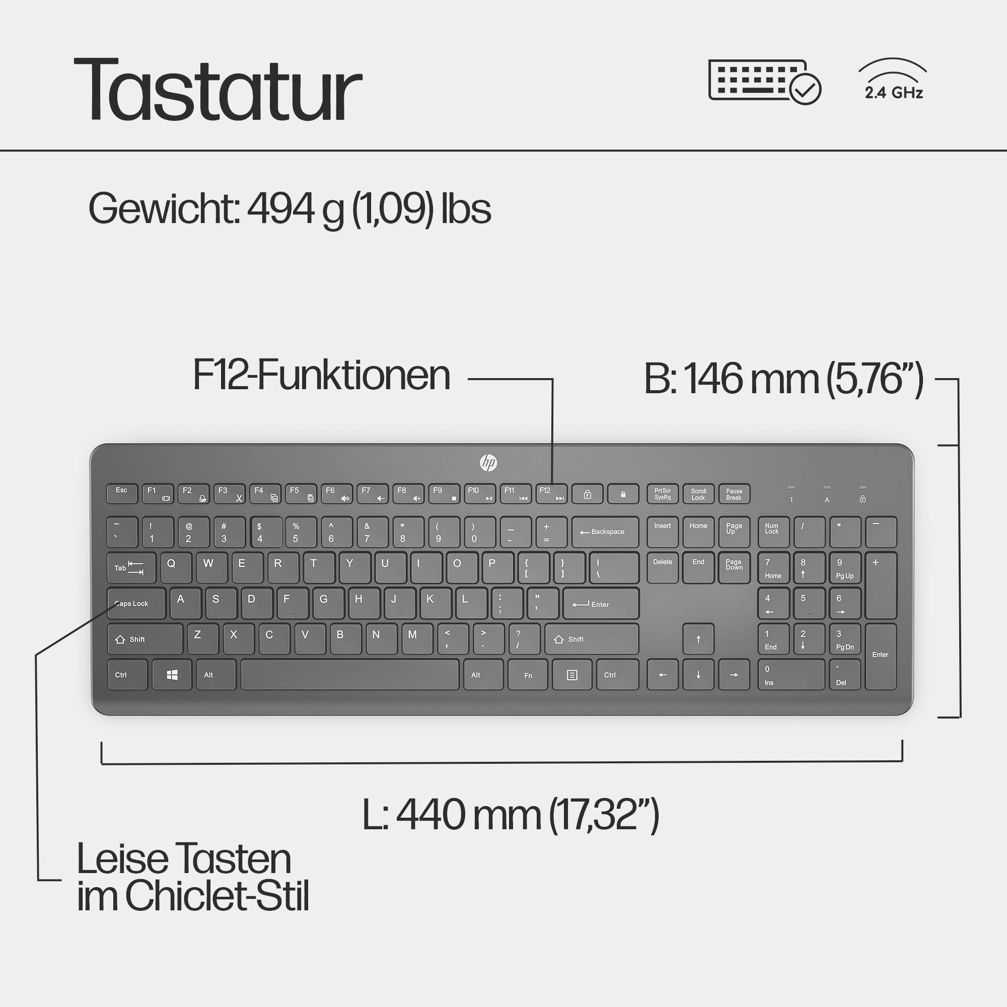 Tastaturabbildung mit F12-Funktionen, leisen Tasten im Chiclet-Stil. Maße: 440 mm Länge, 146 mm Breite, Gewicht 494 g, 2,4 GHz.