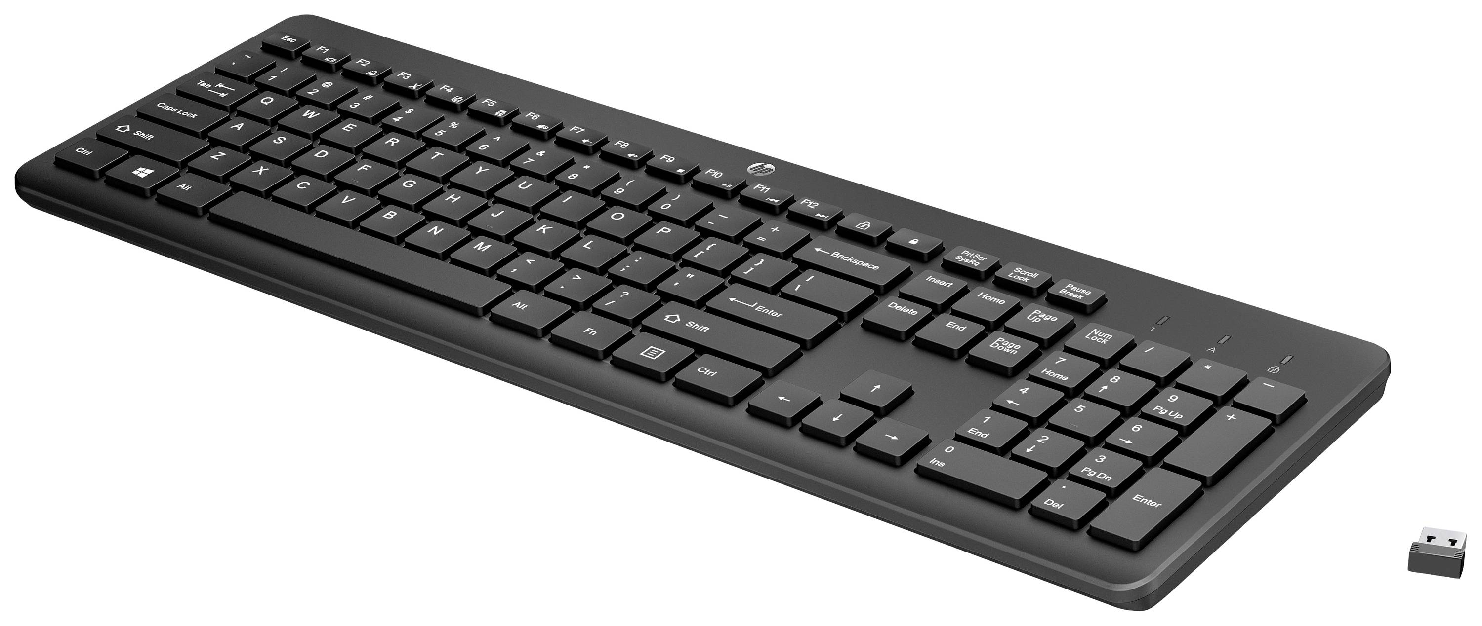 Schwarze kabellose Tastatur mit abnehmbarem USB-Empfänger. Enthält Standardtastenlayout mit Ziffernblock, Funktionstasten und Pfeiltasten.