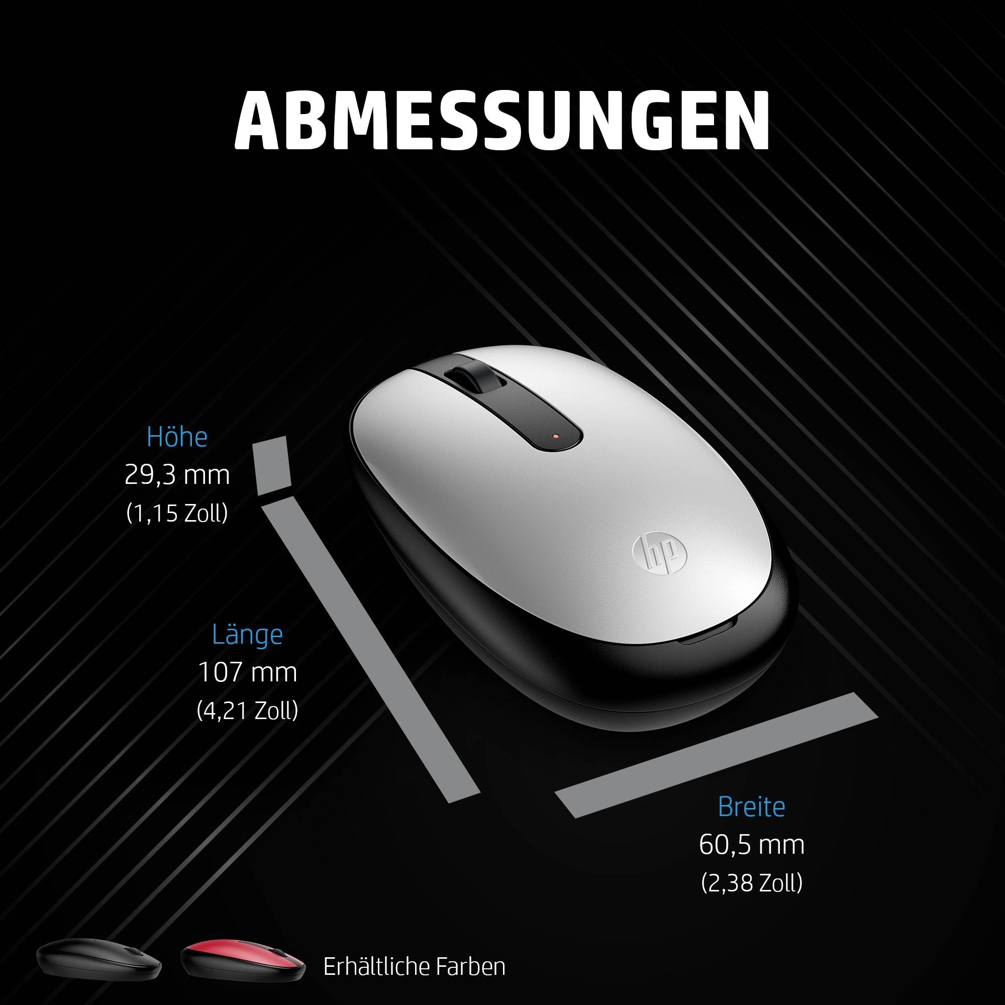 Kabellose Maus in Silber mit den Maßen: Höhe 29,3 mm, Länge 107 mm, Breite 60,5 mm. Erhältlich in zusätzlicher Farbe: Rot.