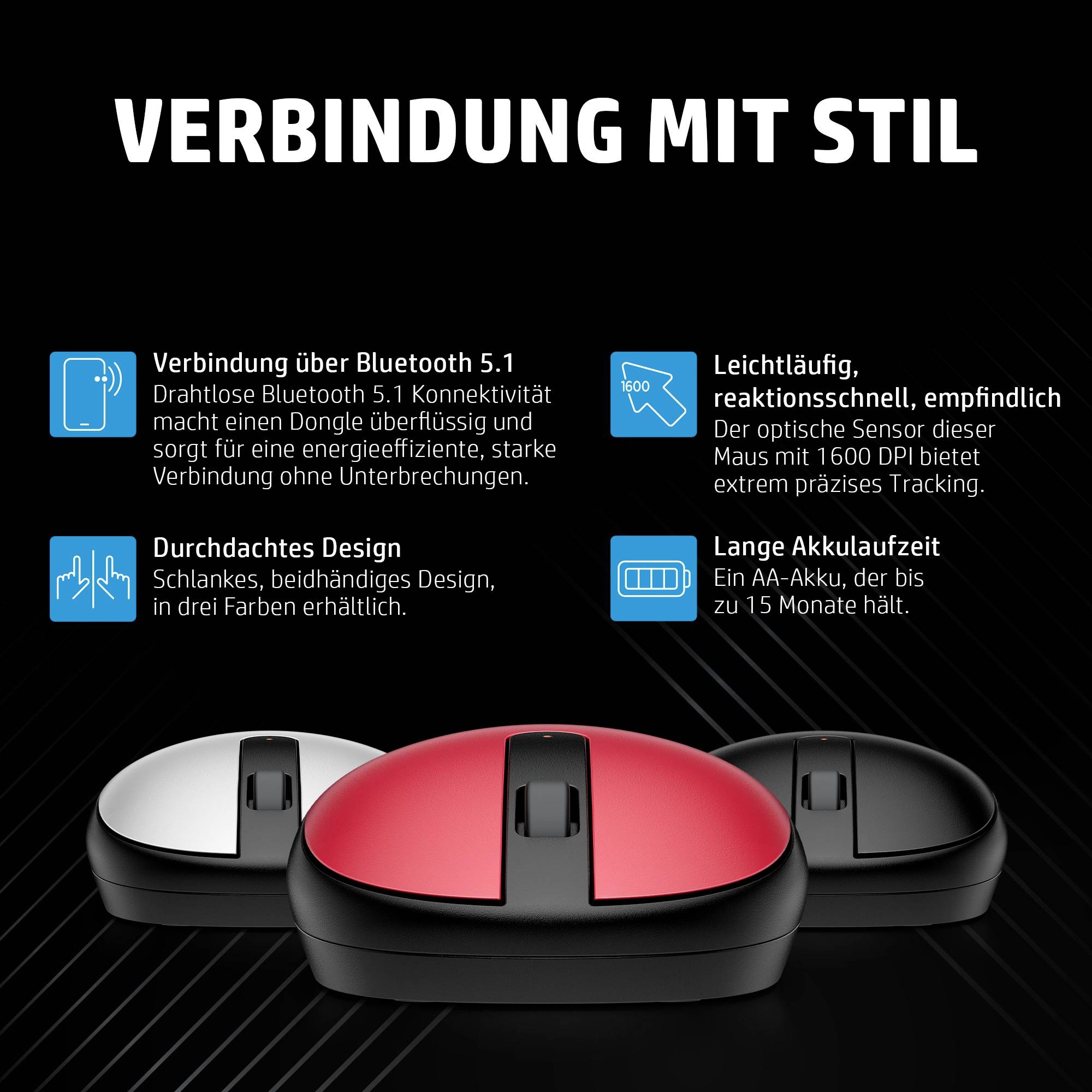 'Drahtlose Bluetooth-Maus mit 5.1 Konnektivität, ergonomischem Design und langanhaltender AA-Batterie, in verschiedenen Farben erhältlich.'