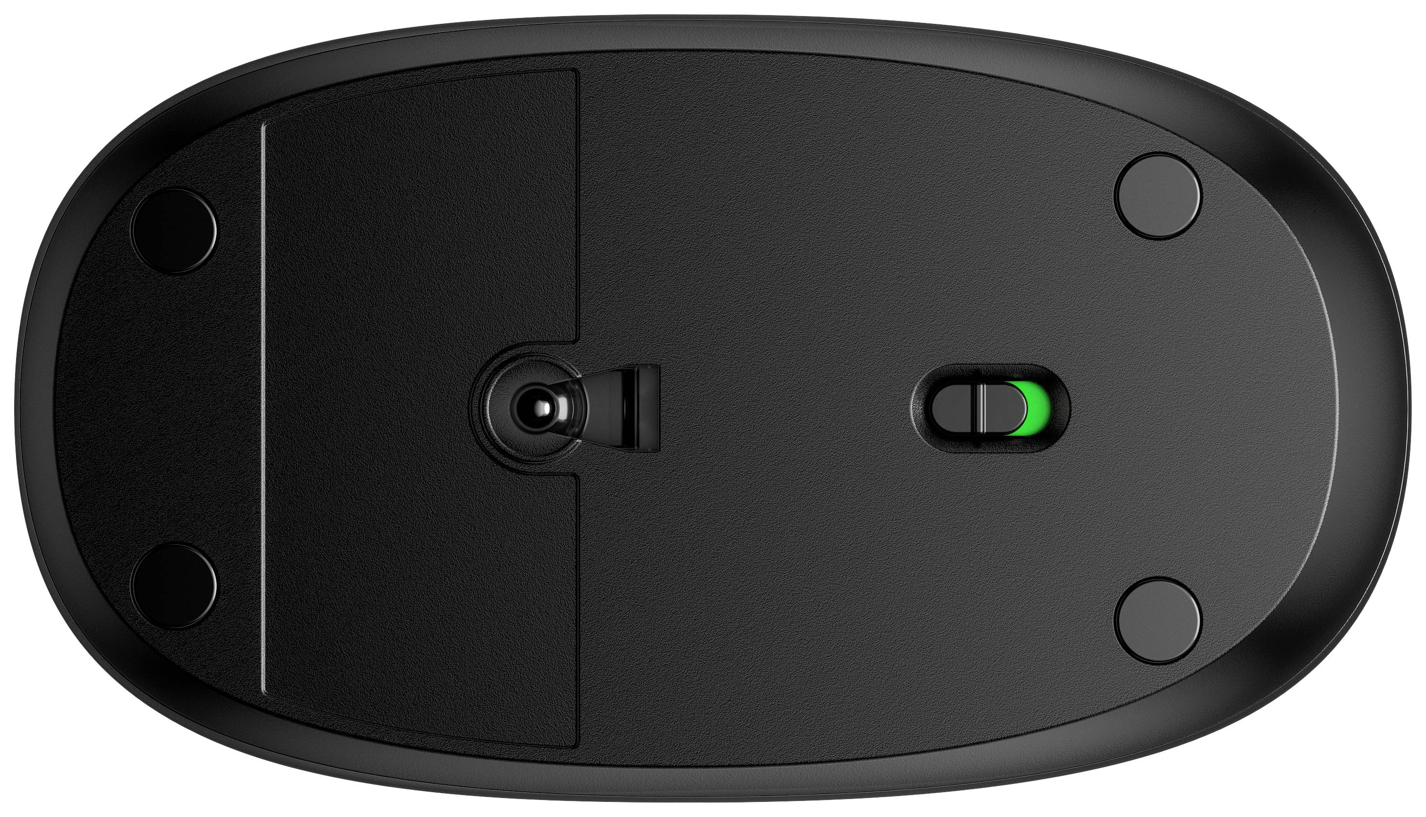 Die Unterseite einer schwarzen Computermaus mit einem Schalter in der Mitte und einem Sensor darunter.