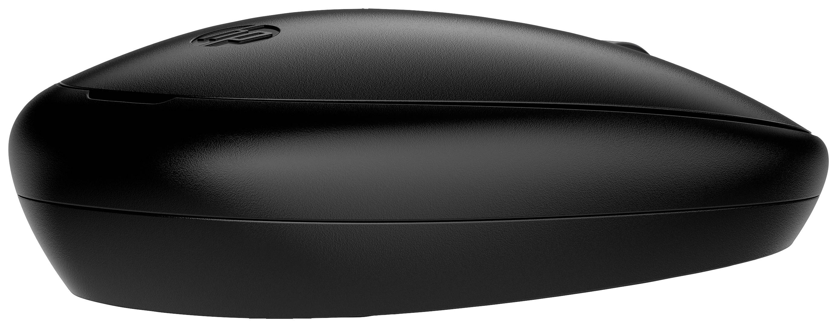 Schwarze, ergonomisch geformte Computermaus in seitlicher Ansicht. Sie hat ein dezentes Logo auf der Oberseite.