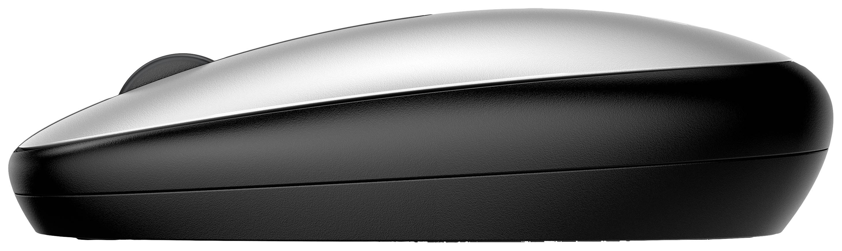 Eine moderne, kabellose Computermaus in silber und schwarz, seitliche Ansicht.