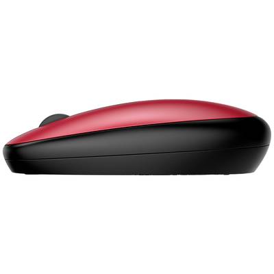 Eine Computermaus in Rot und Schwarz, seitlich fotografiert.