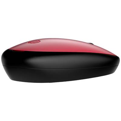 Schnurlose, rot-schwarze Computermaus in Seitenansicht. Glatte Oberfläche und elegantes Design.
