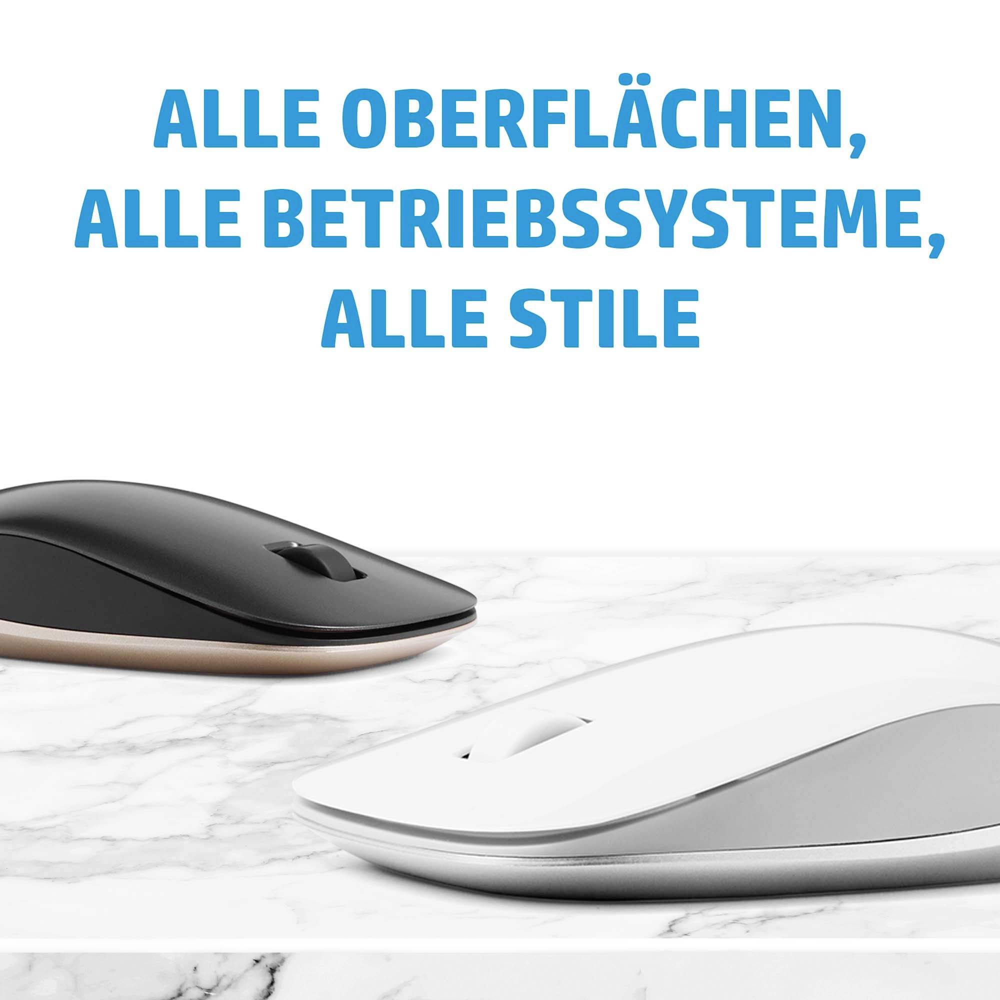 Zwei Computer-Mäuse auf einer Marmoroberfläche. Text im Bild: 'Alle Oberflächen, alle Betriebssysteme, alle Stile'.