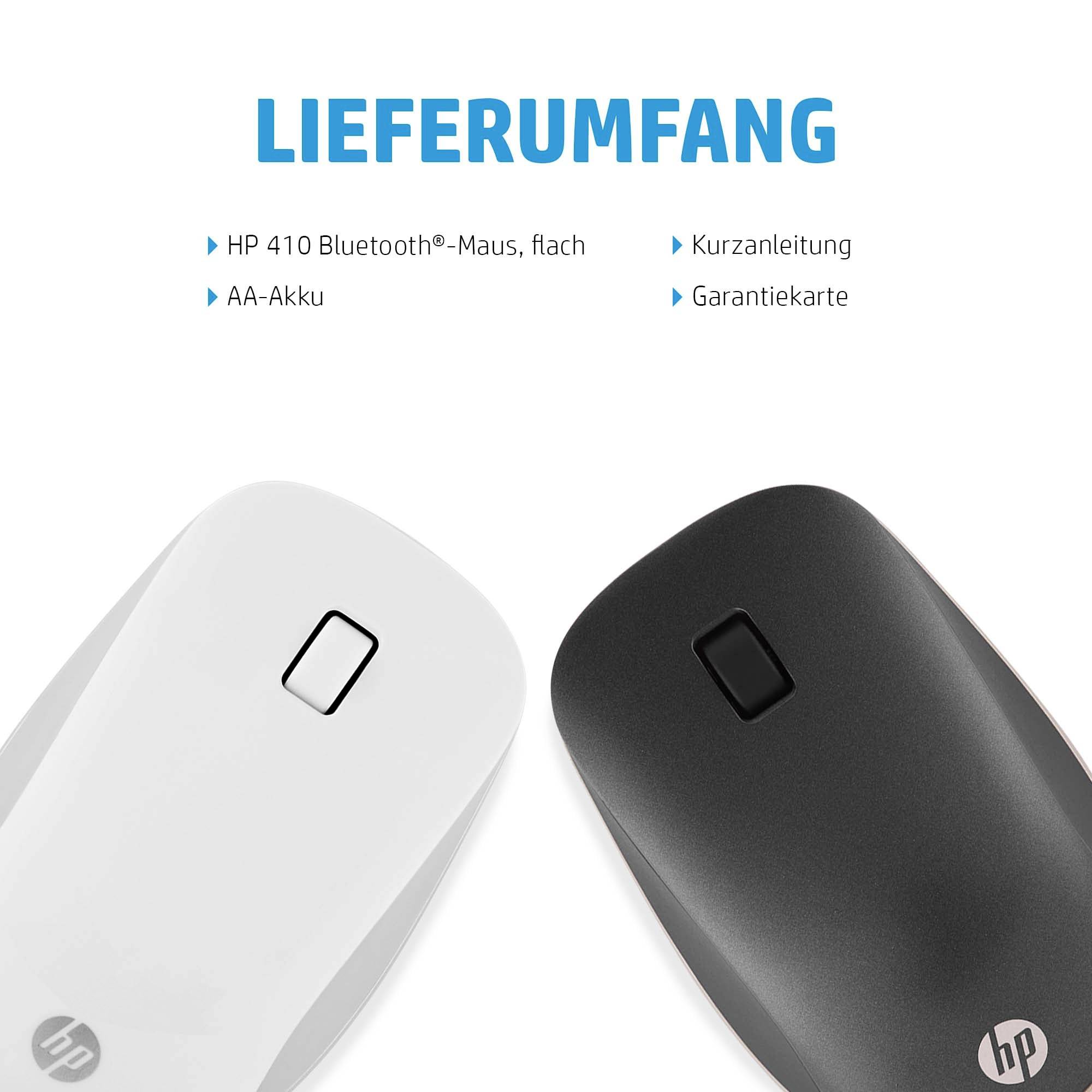 'Lieferumfang: HP 410 Bluetooth-Maus, flach; AA-Akku; Kurzanleitung; Garantiekarte.' Zwei Mäuse, eine weiße und eine schwarze.