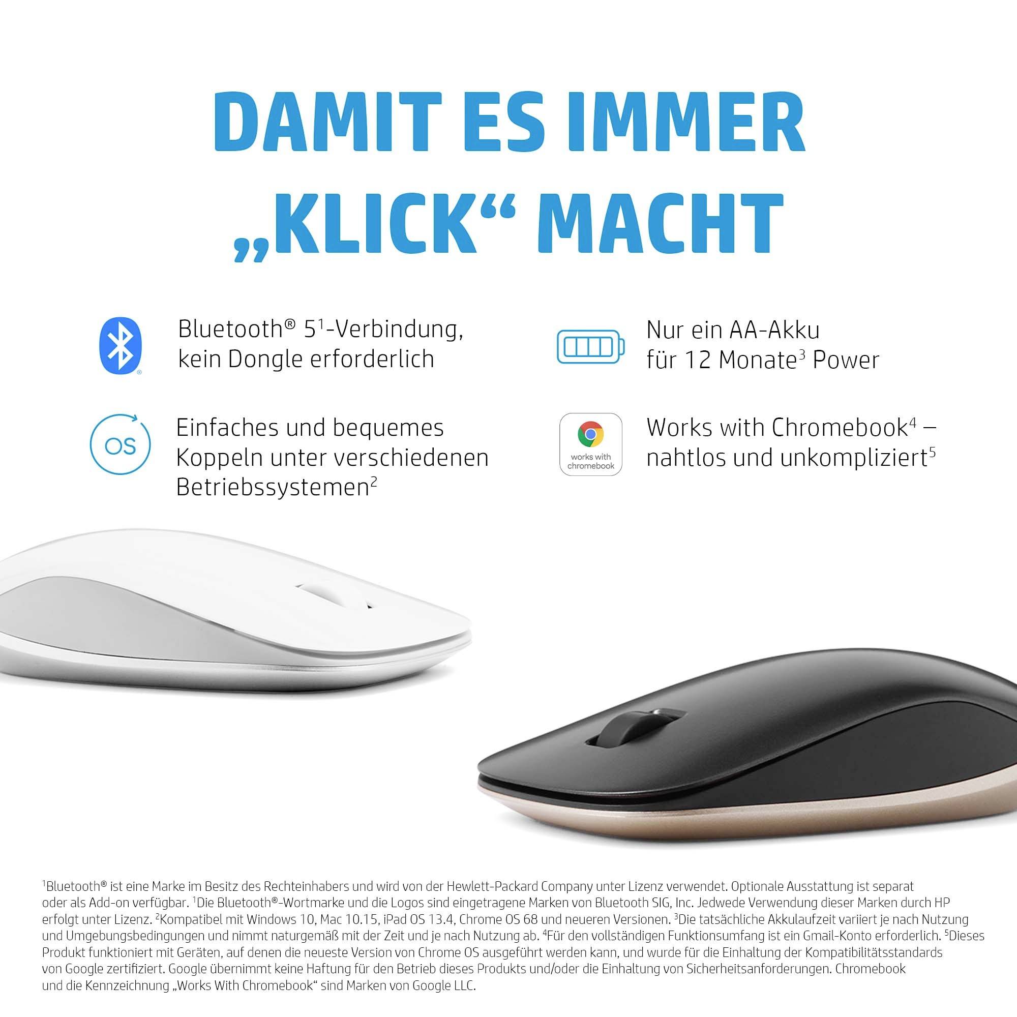 Kabellose Maus mit Bluetooth-Verbindung, einfache Installation für verschiedene Betriebssysteme, bis zu 12 Monate Batterielaufzeit.