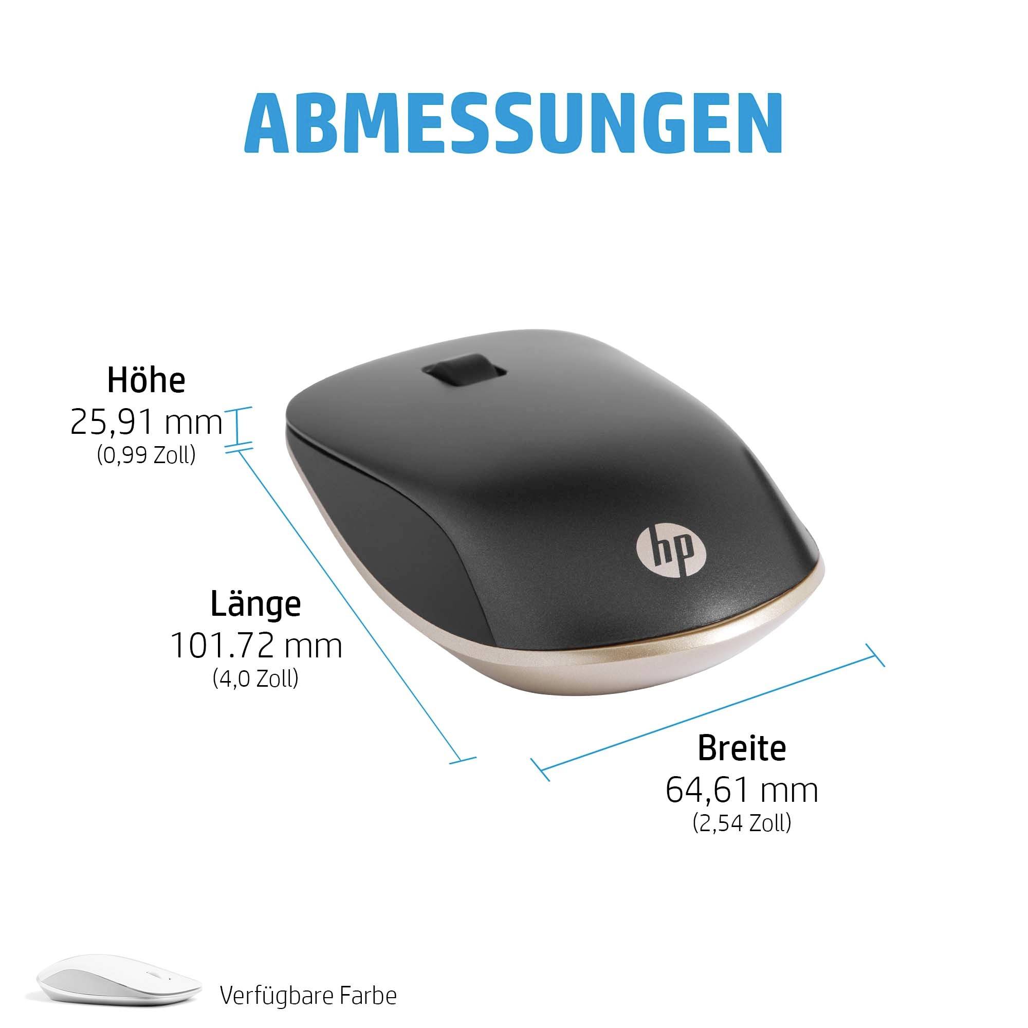 Die Abbildung zeigt eine schwarze Maus mit den Maßen: Höhe 25,91 mm, Länge 101,72 mm, Breite 64,61 mm. Text 'ABMESSUNGEN'.