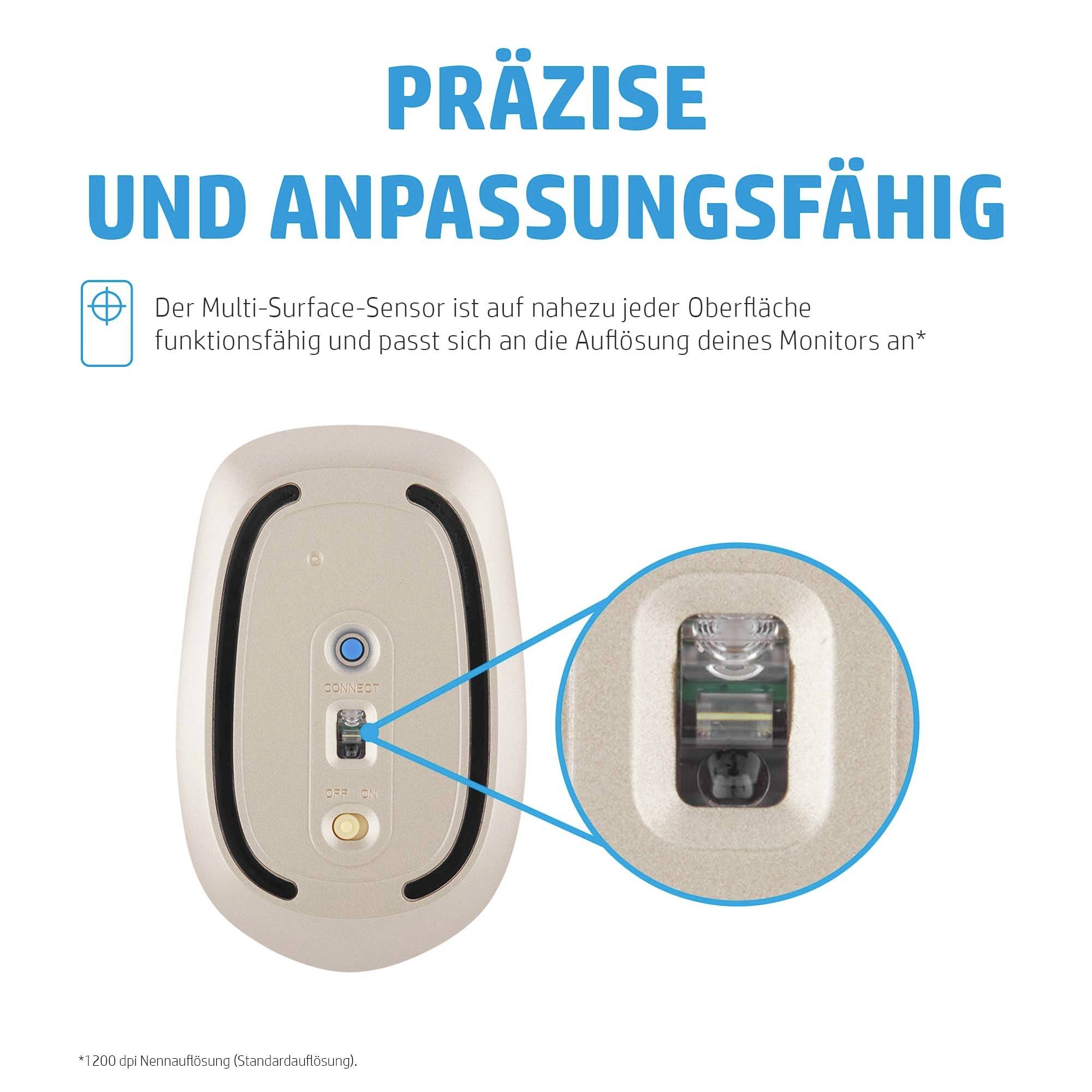 Eine Maus mit Multi-Surface-Sensor, der auf verschiedenen Oberflächen funktioniert und sich der Monitorauflösung anpasst.