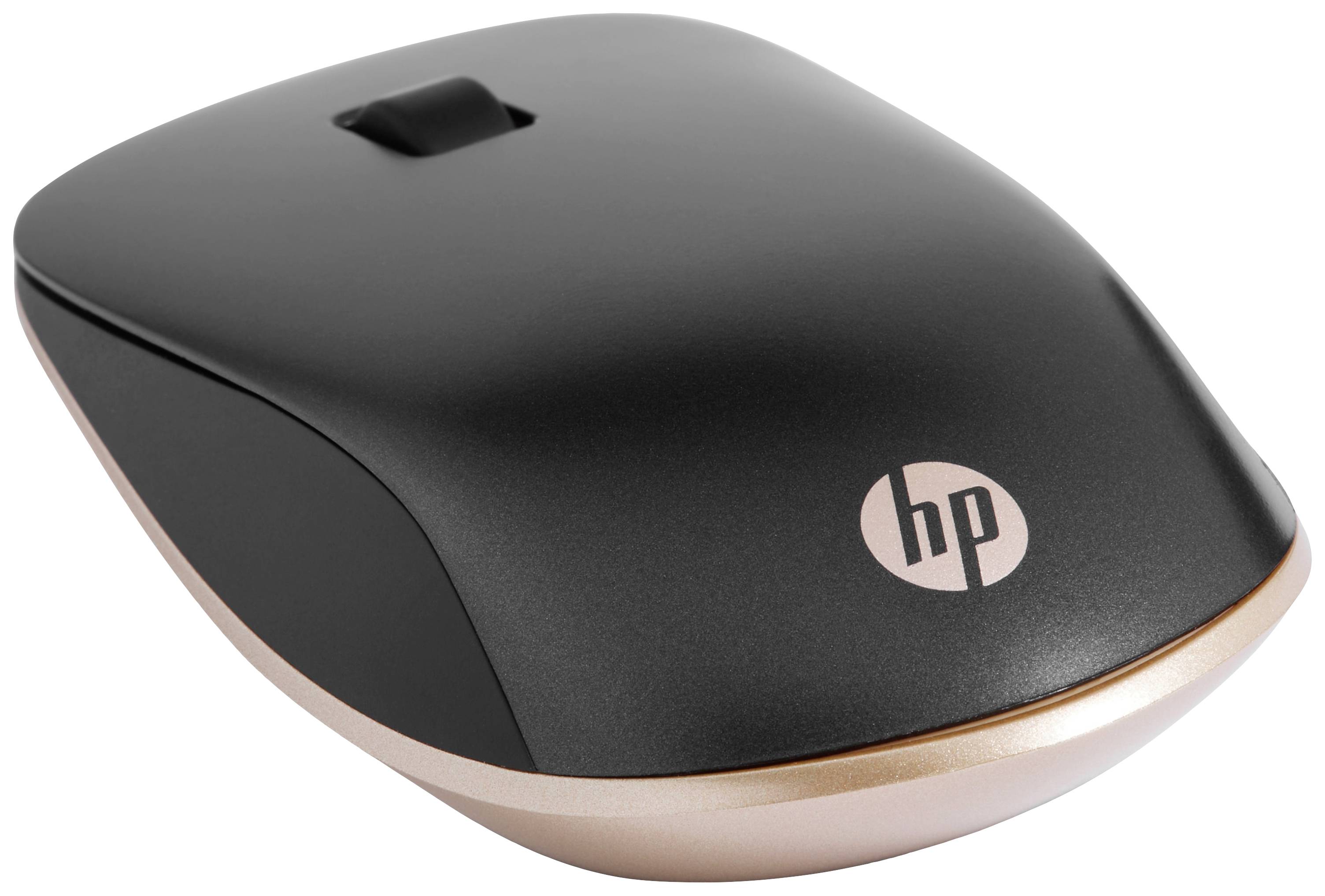 Schwarze kabellose Computermaus mit HP-Logo, goldene Akzente an den Seiten, geeignet für den Einsatz mit Laptops und PCs.