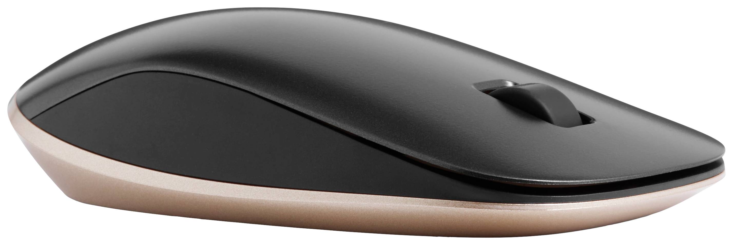 Kabellose schwarze und goldene Computermaus mit ergonomischem Design und Scrollrad, geeignet für den täglichen Gebrauch am Computer.