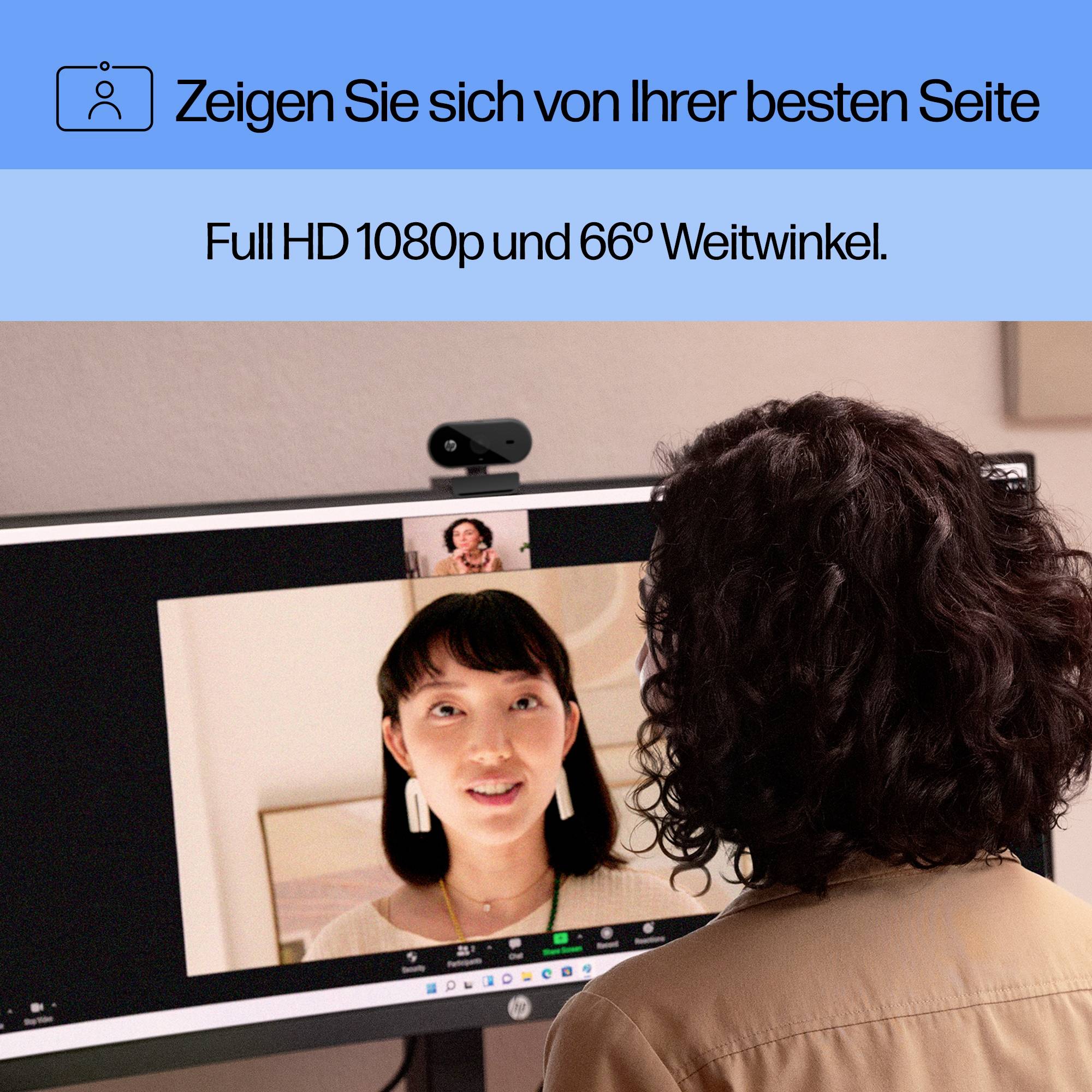 Ein Computerbildschirm zeigt eine Person während eines Videogesprächs. Oben steht: 'Zeigen Sie sich von Ihrer besten Seite'.
