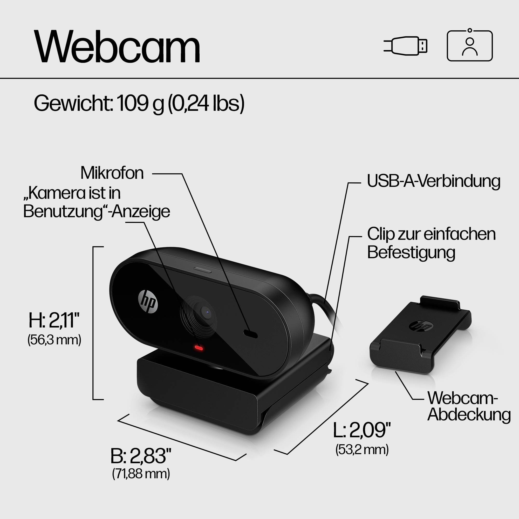 'Webcam mit Mikrofon, USB-A-Anschluss und Abdeckung. Zeigt Maße: H 56,3mm, B 72mm, L 53,2mm. Text: Gewicht 109g (0,24 lbs).'