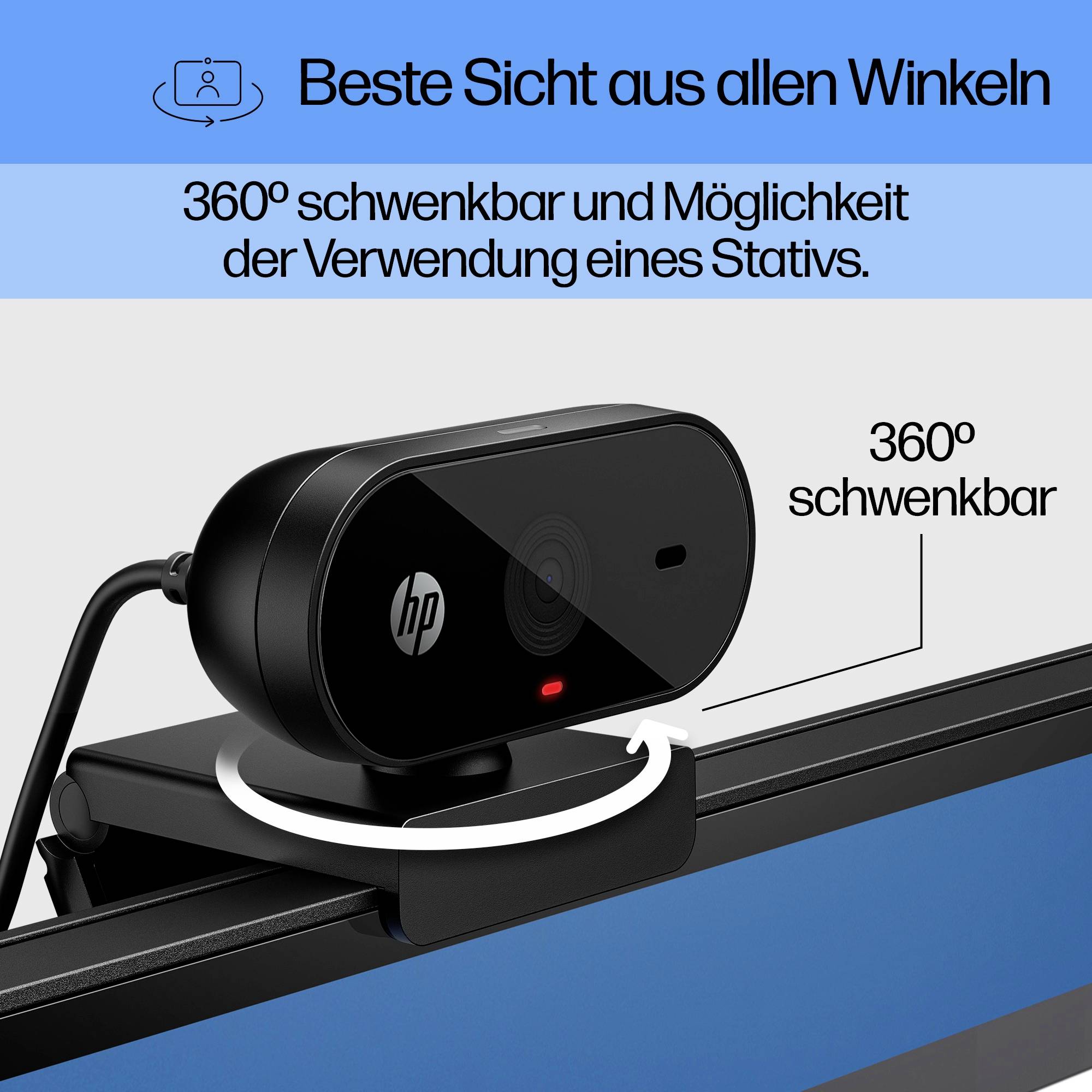 Webcam auf Bildschirm zeigt Text 'Beste Sicht aus allen Winkeln' und '360° schwenkbar'. Hinweis auf Stativverwendung.