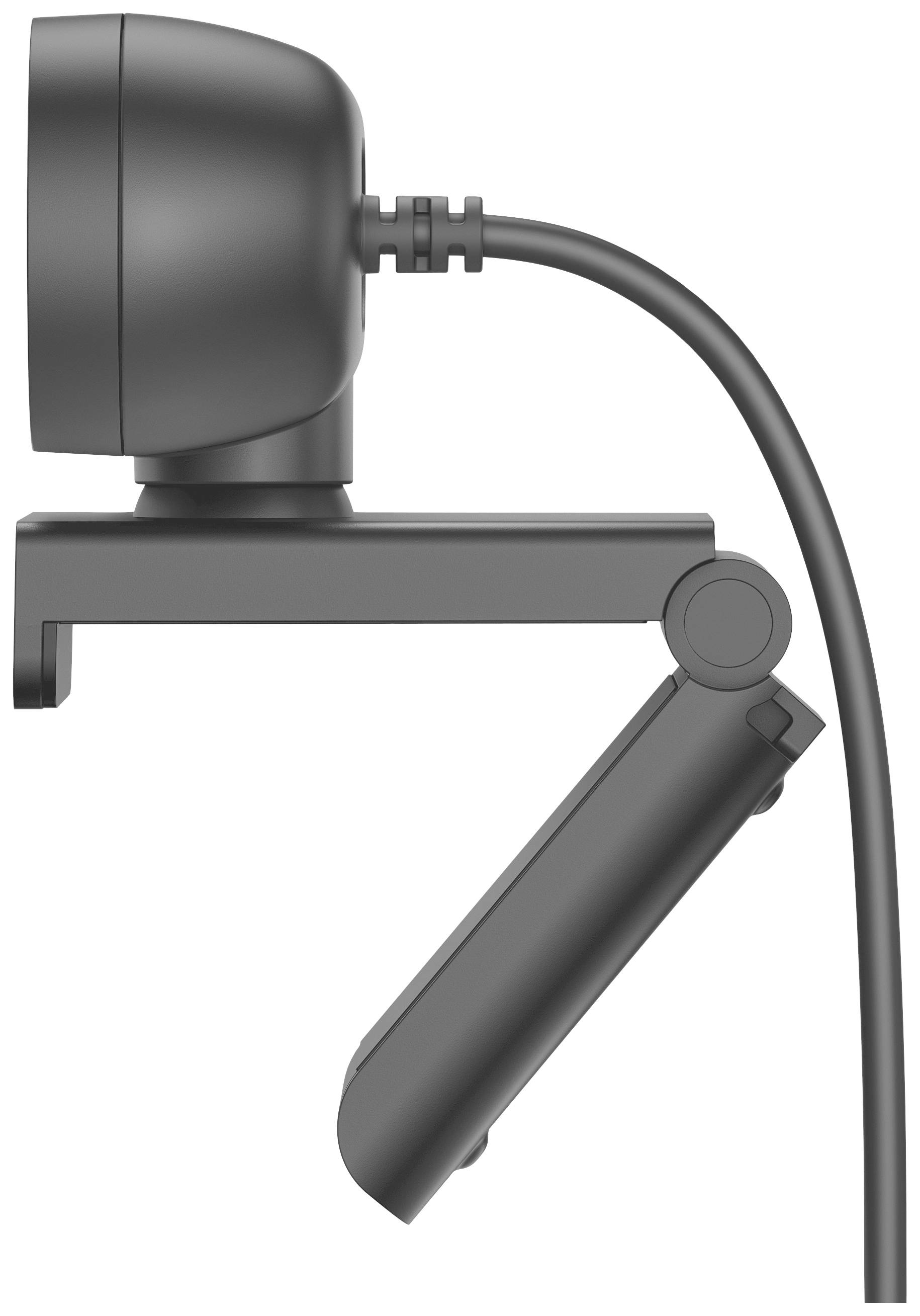 Eine Webcam in Seitenansicht, montiert mit Kabel, zeigt den Anschluss- und Befestigungsmechanismus.