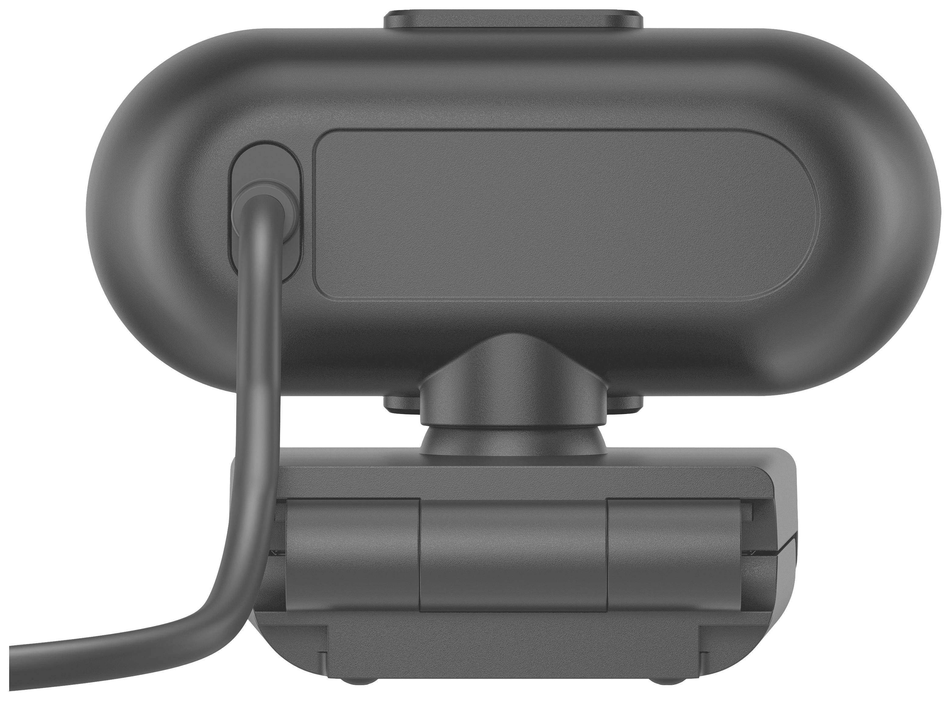 Eine schwarze Webcam von hinten gezeigt. Ein Kabel führt aus der linken Seite des Geräts.