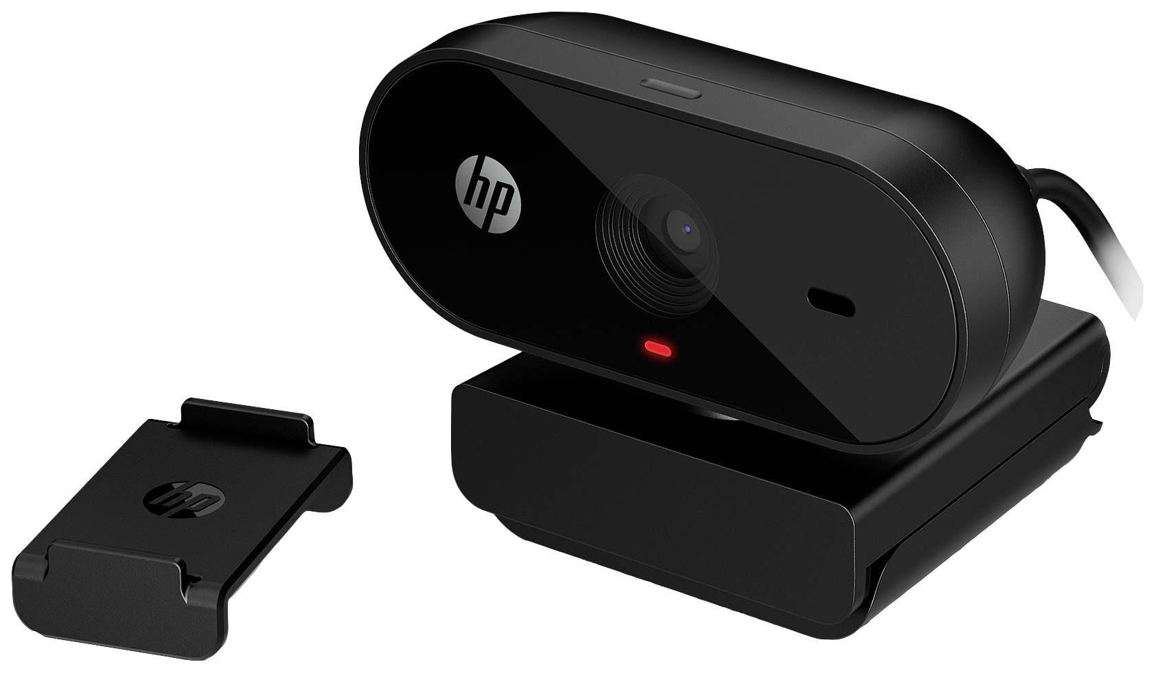 Eine schwarze Webcam mit einem Ständer daneben. Die Webcam hat ein HP-Logo und ein sichtbares Kameraobjektiv auf der Vorderseite.