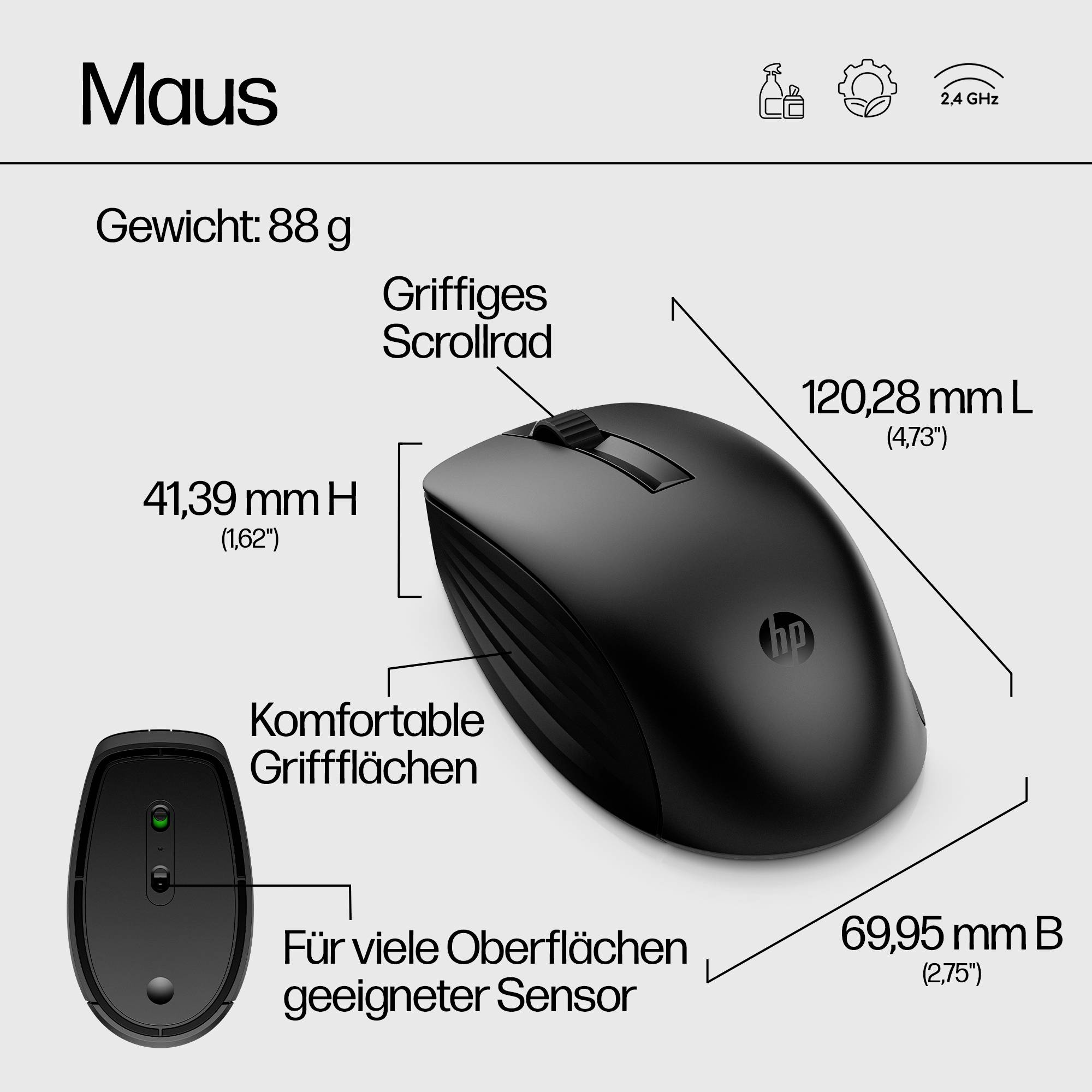 Schwarze Computermaus mit ergonomischem Design. Maße: 120,28 mm Länge, 41,39 mm Höhe, 69,95 mm Breite. Gewicht: 88 g. Mit Scrollrad und für viele Oberflächen geeigneter Sensor.