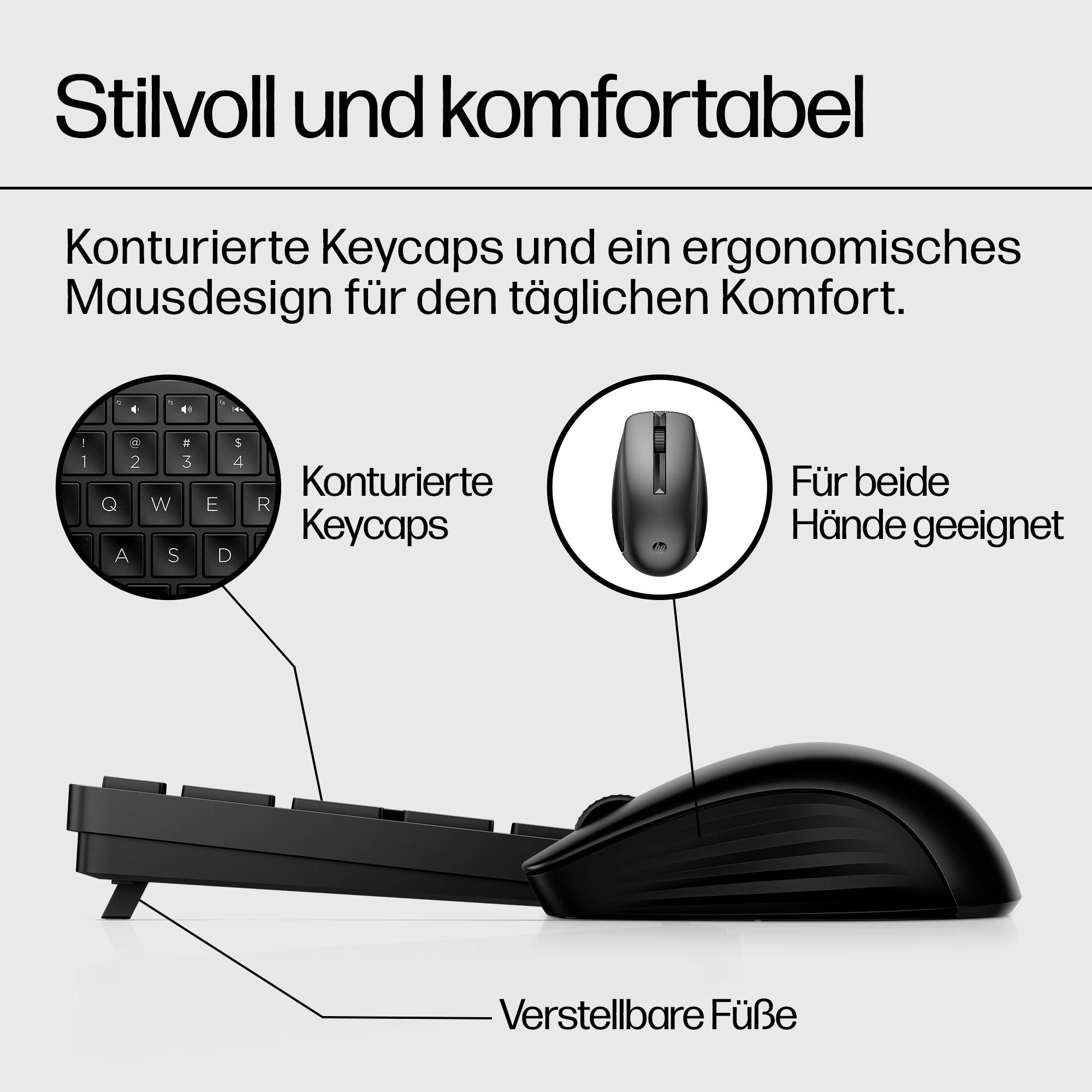 'Stilvoll und komfortabel: Konturierte Keycaps und ein ergonomisches Mausdesign für den täglichen Komfort. Für beide Hände geeignet.'