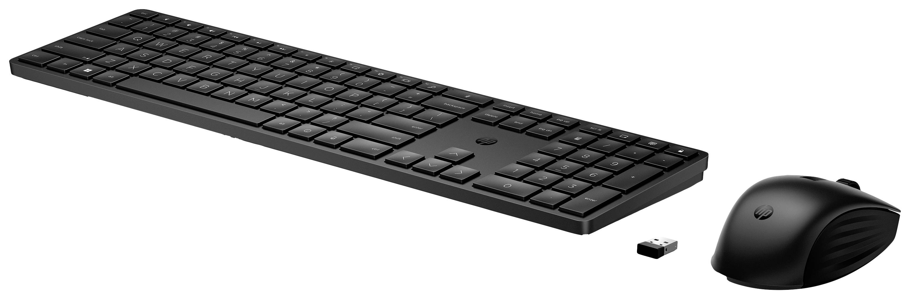 Kabellose schwarze Tastatur und Maus mit USB-Empfänger. Ideal für Computerarbeitsplätze, bietet Flexibilität und kabellosen Komfort.